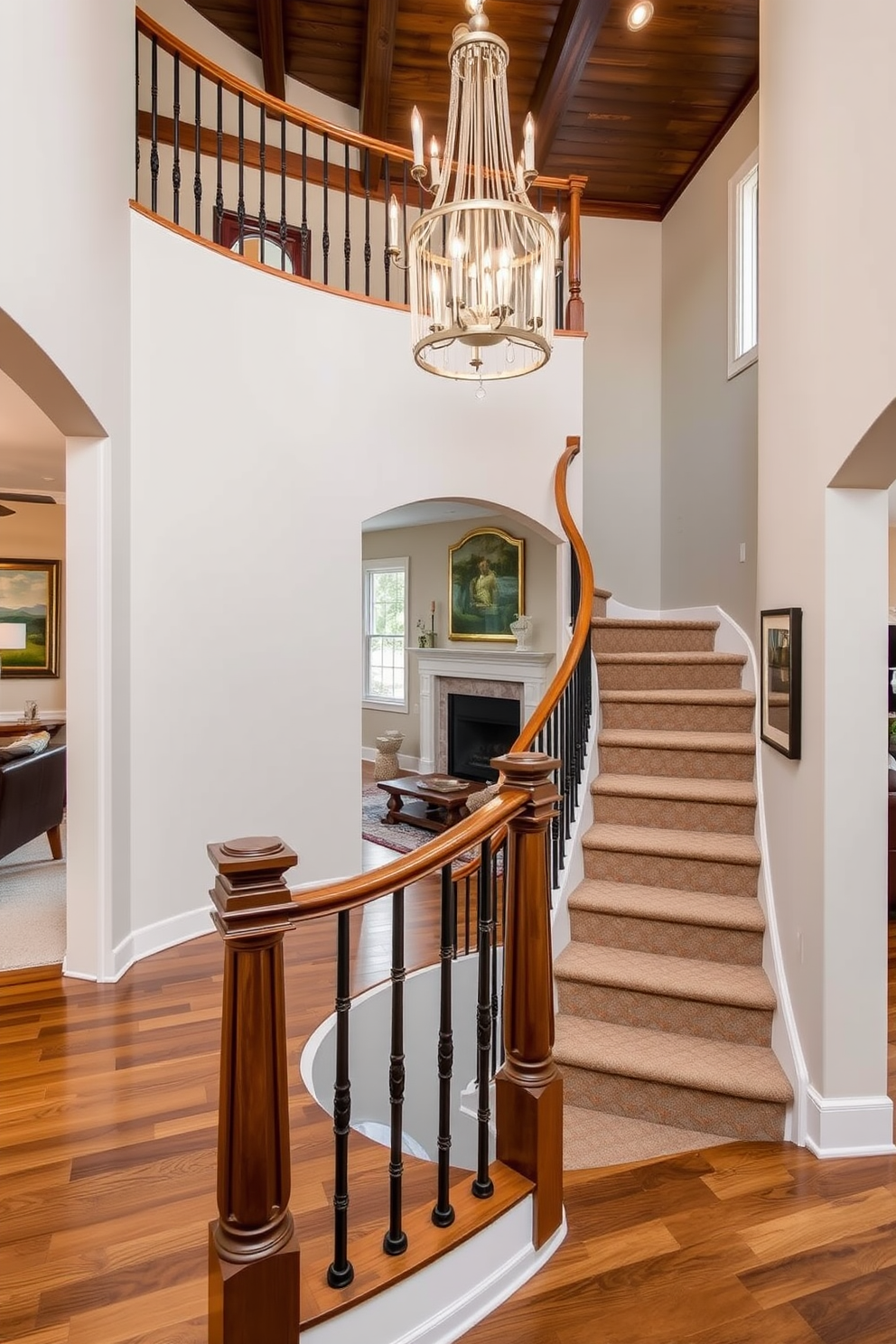 A stunning curved staircase gracefully sweeps through the family room, featuring a polished wooden handrail that complements the rich hardwood flooring. The elegant landing area is adorned with a plush area rug and a statement chandelier that adds a touch of sophistication to the space.