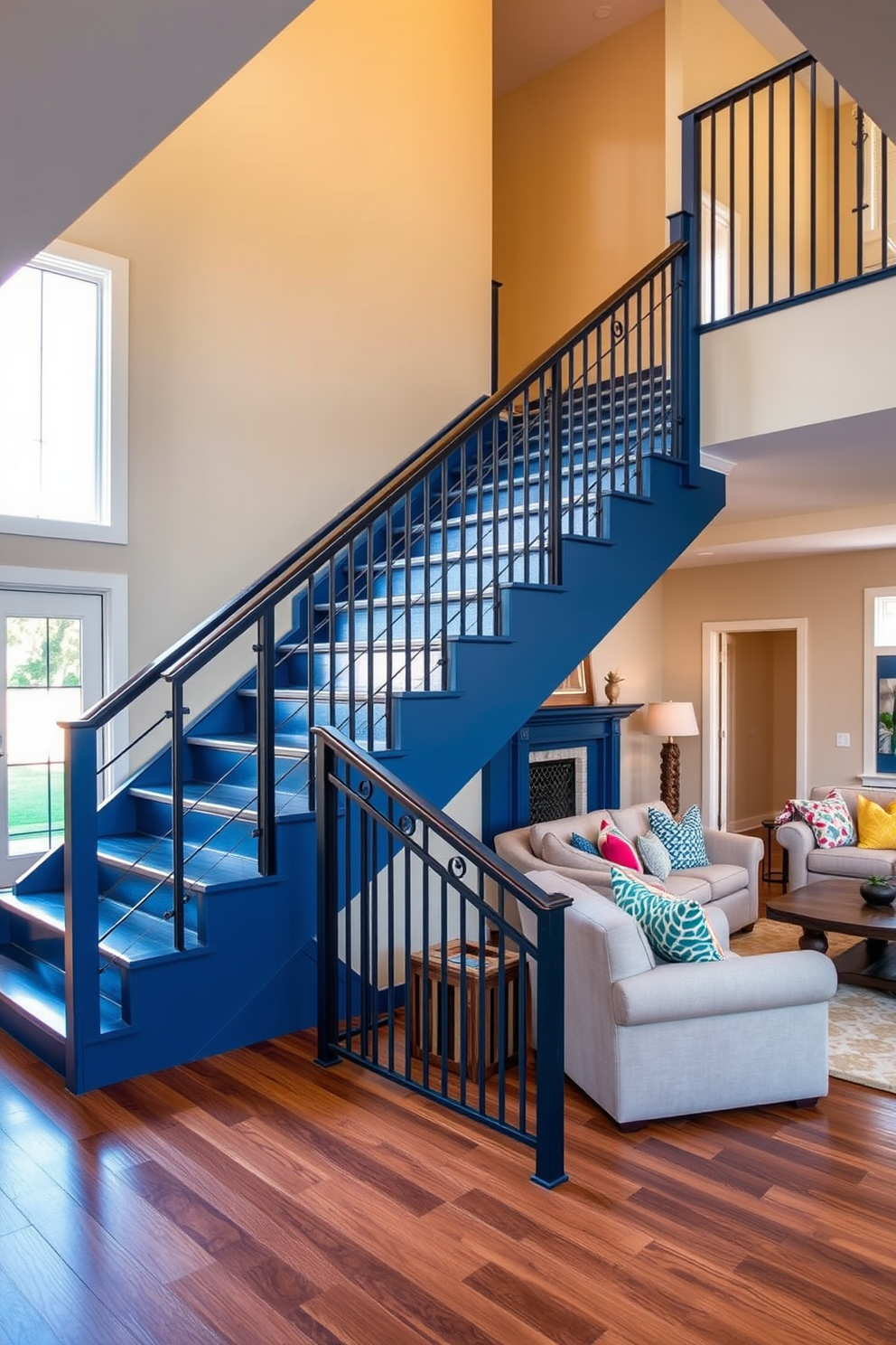 A bold color staircase serves as a dramatic focal point in the family room. The staircase features a striking deep blue hue with sleek metal railings, creating a modern contrast against the warm wooden flooring. Surrounding the staircase, the family room is designed with comfortable seating in neutral tones and vibrant accent pillows. Large windows allow natural light to flood the space, enhancing the staircase's bold color and creating an inviting atmosphere.