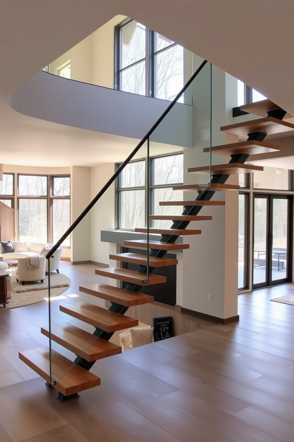 A floating staircase with a minimalist design gracefully ascends in the family room, featuring sleek wooden treads and a glass railing that enhances the open space. The surrounding walls are adorned with neutral tones, and natural light pours in through large windows, creating a warm and inviting atmosphere.