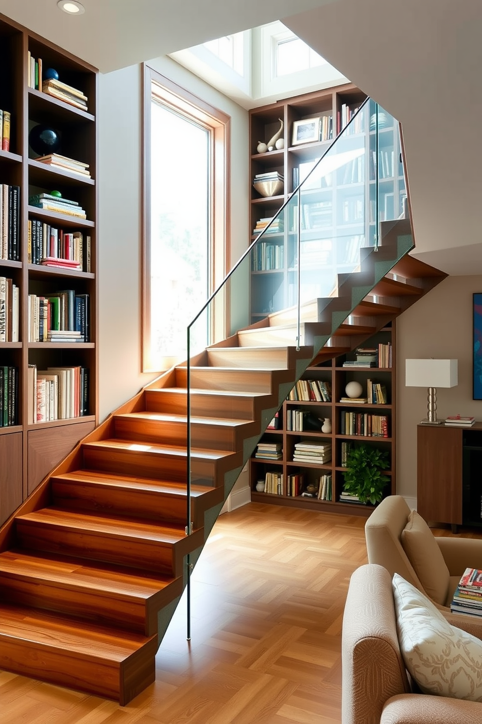 A modern staircase with integrated bookshelves that seamlessly blends into the family room. The bookshelves are filled with a curated collection of books and decorative items, creating a warm and inviting atmosphere. The staircase features sleek wooden steps with a glass railing that allows natural light to flow through. Soft lighting highlights the bookshelves, enhancing the cozy ambiance of the family room.