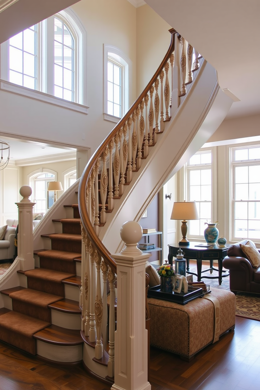 A vintage style staircase with ornate banisters gracefully curves upwards. The banisters are intricately carved, showcasing detailed craftsmanship that adds elegance to the family room. The staircase is adorned with a plush runner in rich, warm tones that complement the surrounding decor. Natural light filters through large windows, highlighting the unique architectural features of the space.