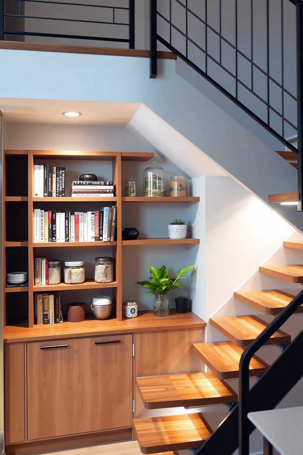 Open shelving under the staircase provides an elegant solution for both storage and display. The shelves are filled with neatly arranged cookbooks, decorative jars, and potted herbs, creating a functional yet stylish focal point. The staircase features a sleek design with wooden treads and a metal railing that complements the kitchen's modern aesthetic. Soft lighting illuminates the staircase, enhancing the warmth of the wood and creating an inviting atmosphere.