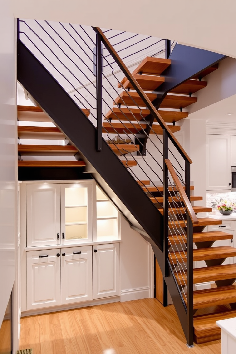 A stunning staircase seamlessly integrates a pantry space underneath. The staircase features elegant wooden steps with a sleek metal railing, while the pantry is designed with built-in shelves and soft lighting to enhance functionality. The kitchen showcases a modern aesthetic with the staircase as a focal point. Bright cabinetry complements the warm tones of the wooden staircase, creating a harmonious flow throughout the space.