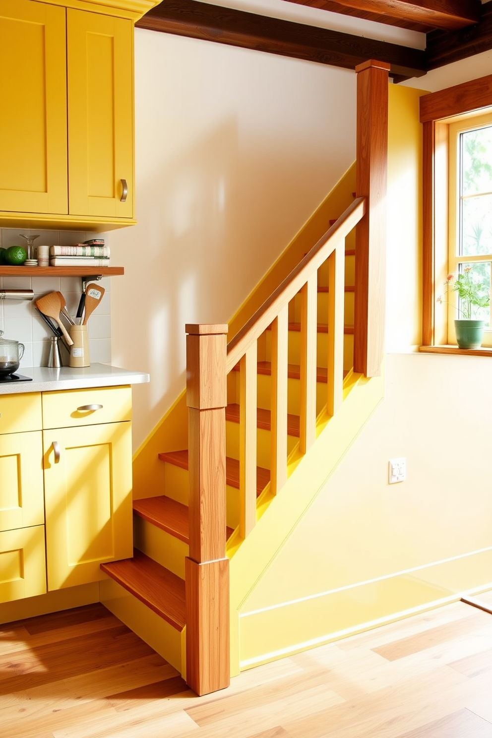 A brightly painted staircase serves as a vibrant focal point in the kitchen. The steps are adorned with a cheerful shade of yellow, complementing the surrounding cabinetry and adding a playful touch to the space. The staircase features a sleek wooden railing that contrasts beautifully with the bright paint. Natural light floods in from a nearby window, enhancing the lively atmosphere and showcasing the unique design.