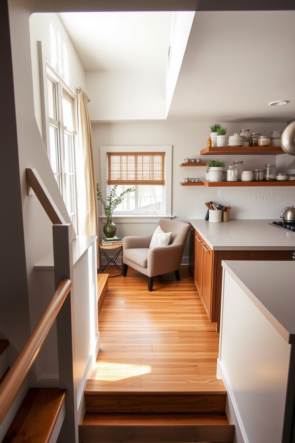 A charming staircase leads to a cozy reading nook bathed in soft natural light. The nook features a plush armchair, a small side table stacked with books, and a large window with sheer curtains. The staircase is designed with warm wooden steps and a sleek handrail that complements the kitchen's aesthetic. The kitchen showcases modern appliances, a spacious island, and open shelving adorned with decorative jars and plants.