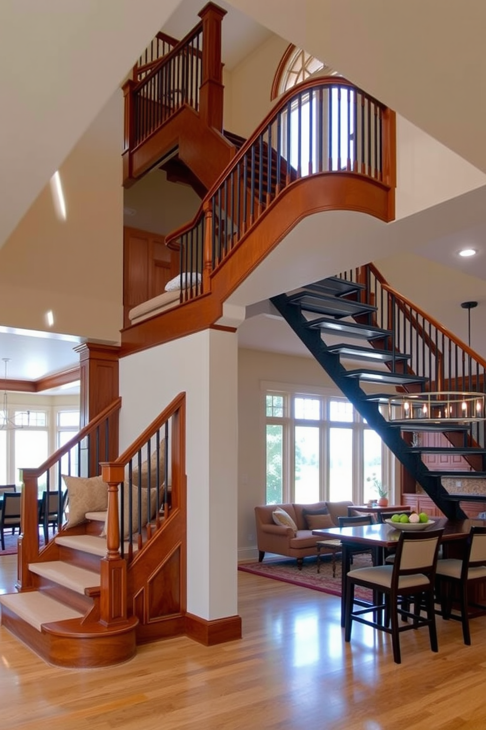 A stunning multi-level staircase features built-in seating along the lower levels, creating a functional yet stylish focal point. The staircase is crafted from rich hardwood, with elegant railings that complement the overall design of the home. In the kitchen design, the staircase seamlessly integrates with the space, enhancing the open concept feel. Natural light floods the area through large windows, illuminating the seating and inviting relaxation in this beautifully designed kitchen.