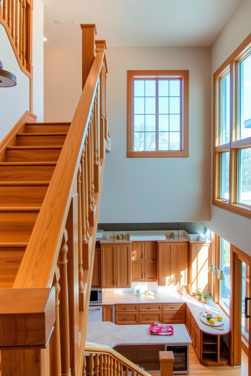 A natural wood staircase with a warm finish gracefully ascends to the upper level. The staircase features elegant balusters that complement the inviting ambiance of the kitchen below. The kitchen showcases a blend of modern and rustic elements, with sleek cabinetry and natural wood accents. Large windows allow ample natural light to illuminate the space, enhancing the warmth of the wooden staircase.