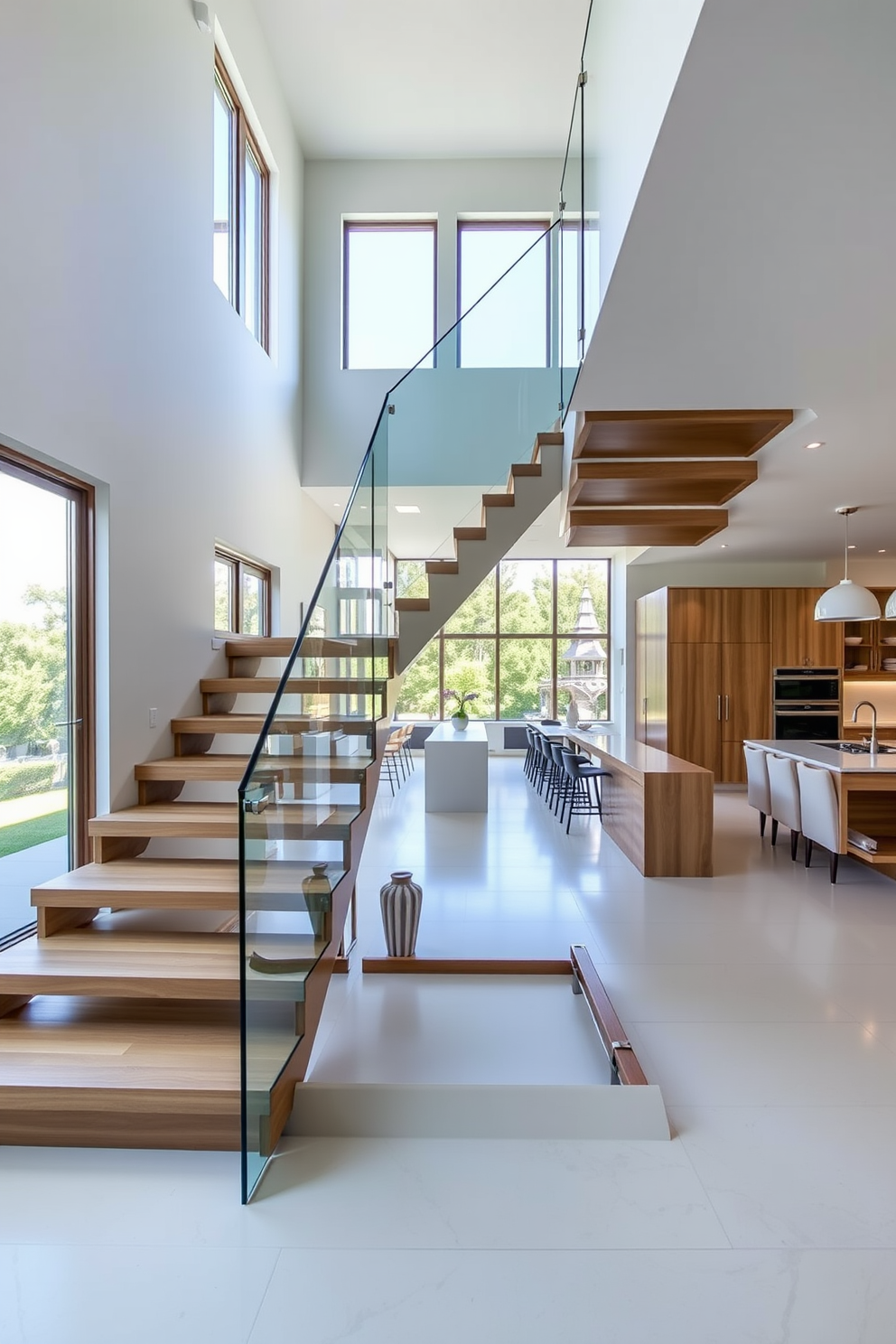 Open riser staircase that creates an airy and spacious feel. The staircase features sleek wooden steps and a glass railing, seamlessly blending with the modern kitchen design. The kitchen boasts a contemporary aesthetic with high-end appliances and a large island. Natural light floods the space through large windows, enhancing the open and inviting atmosphere.