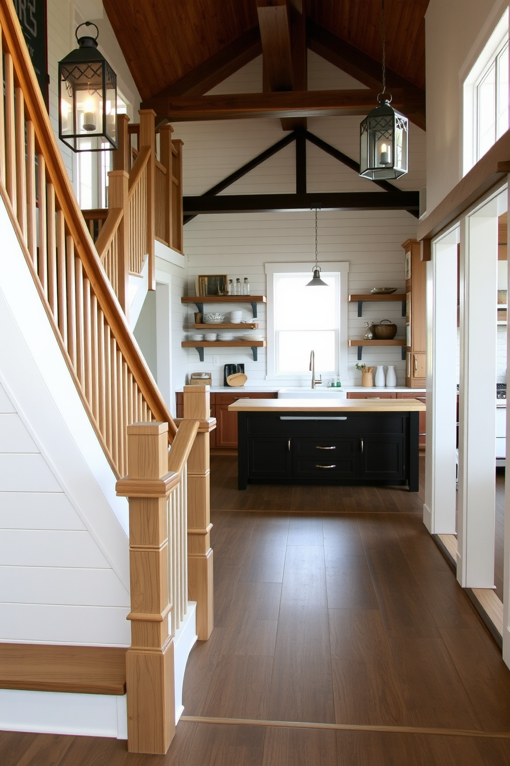 A charming farmhouse style staircase with shiplap accents leads to the upper level. The staircase features a wooden railing and is adorned with rustic lanterns for warm lighting. In the kitchen, the design incorporates open shelving made from reclaimed wood. A large farmhouse sink is positioned beneath a window, allowing natural light to illuminate the space.