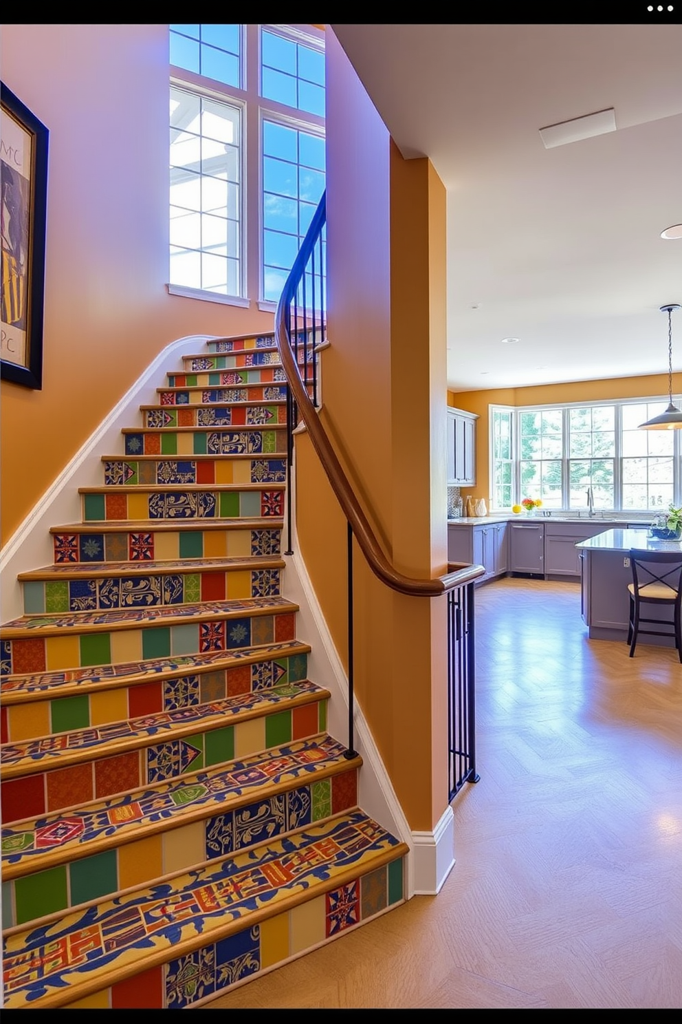 A vibrant staircase featuring colorful tile risers that add a playful touch to the home. The surrounding walls are painted in a warm neutral tone, enhancing the visual appeal of the tiles. The staircase leads into a modern kitchen with sleek cabinetry and a spacious island. Natural light floods the area through large windows, creating an inviting atmosphere for cooking and entertaining.