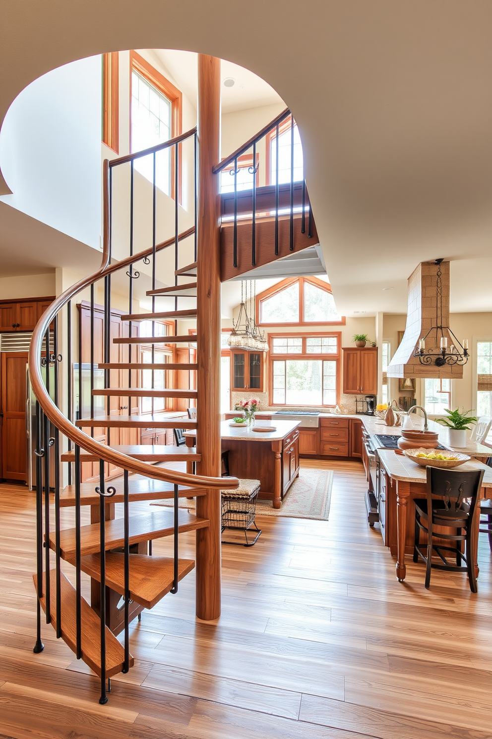 A spiral staircase with a rustic wood finish elegantly winds through the space, showcasing its intricate craftsmanship. The warm tones of the wood complement the surrounding kitchen decor, enhancing the inviting atmosphere. This kitchen features an open layout with modern appliances and a large island at its center. Natural light floods the area through oversized windows, highlighting the blend of contemporary and rustic elements in the design.