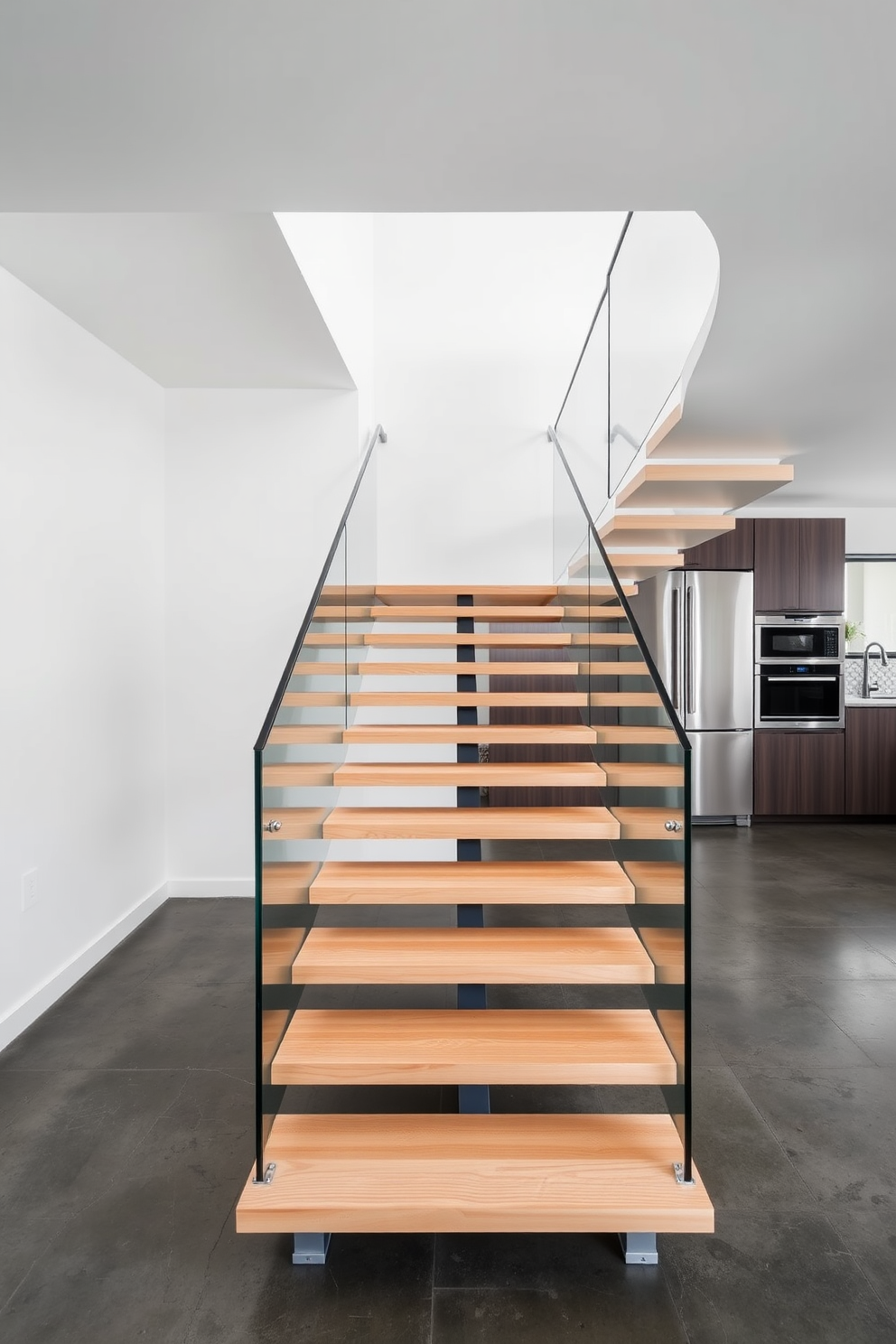 A minimalist staircase featuring sleek lines and a floating design. The steps are made of light wood, complemented by a glass railing that enhances the open feel of the space. In the kitchen, the staircase seamlessly integrates with the modern aesthetic. The surrounding walls are painted in a soft white, and the floor is a polished concrete that adds to the contemporary vibe.