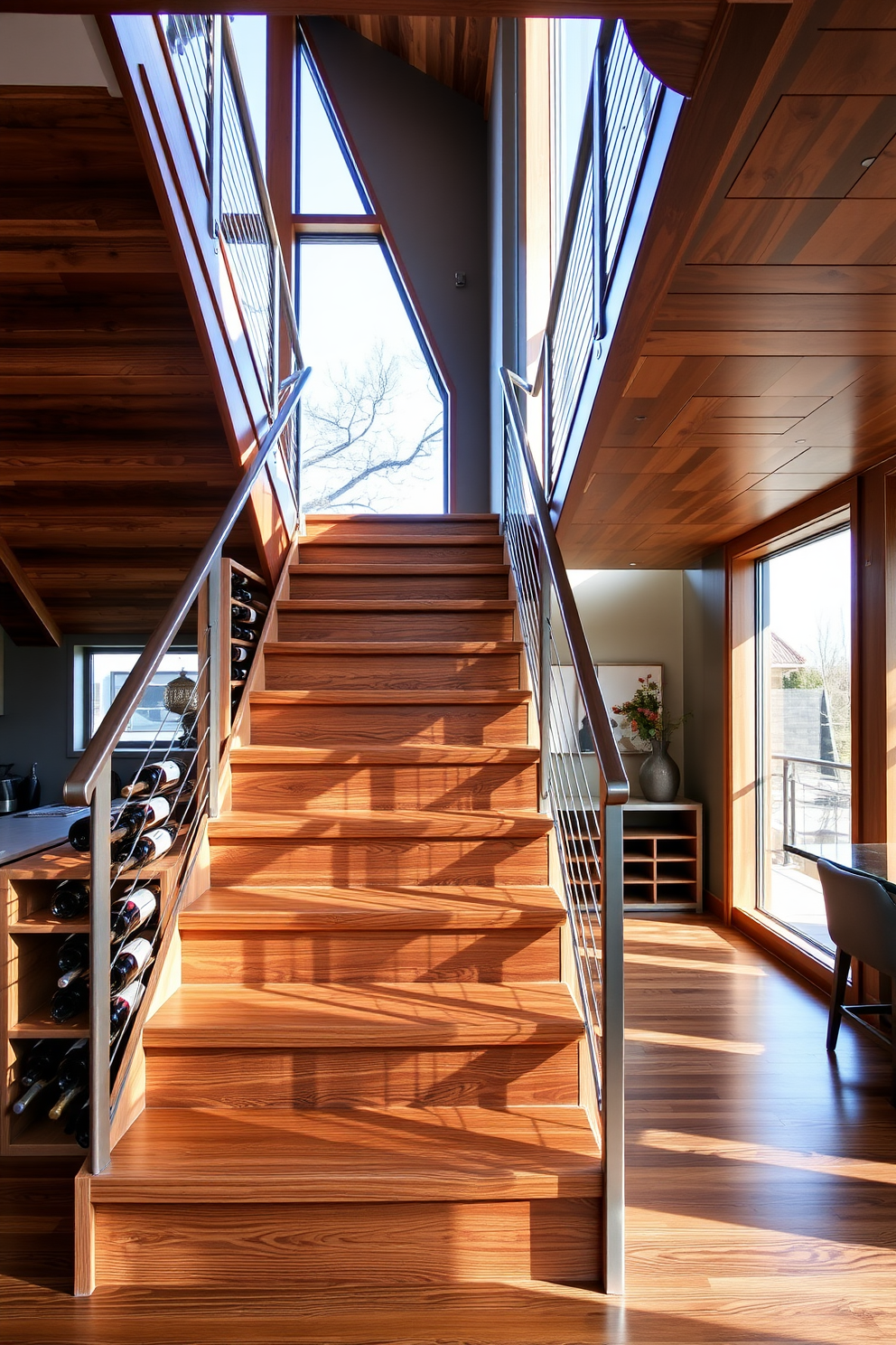 A stunning staircase that doubles as a wine rack. The wooden steps are designed with built-in shelves on the side, showcasing an elegant collection of wine bottles. The staircase features a sleek metal railing that complements the modern kitchen design. Natural light floods the space through large windows, highlighting the rich textures of the wood and the polished metal accents.