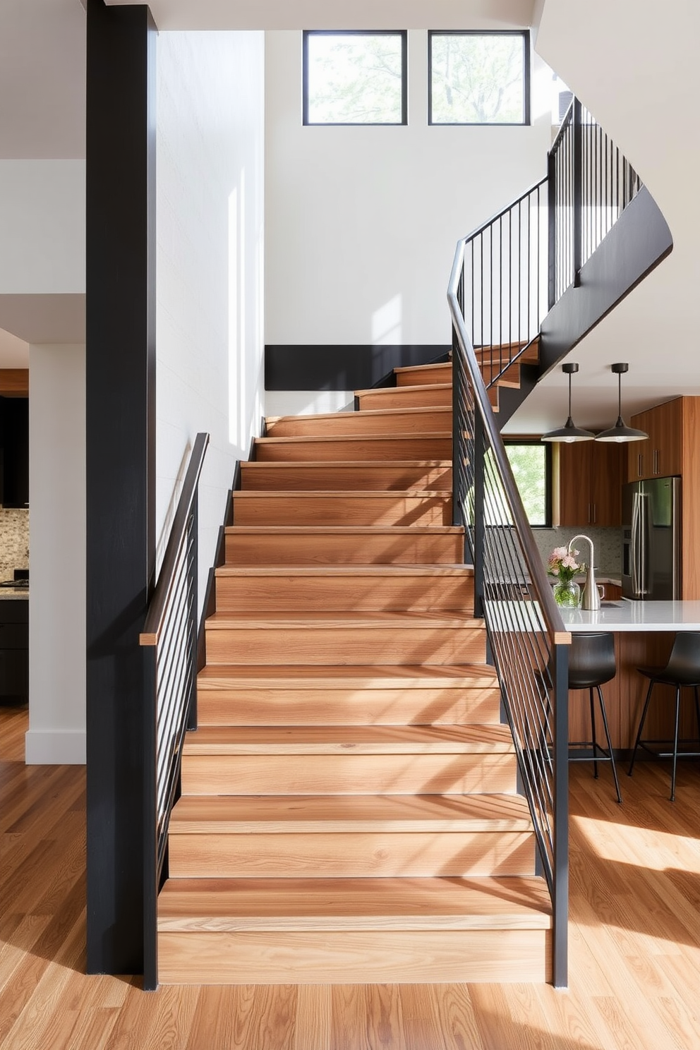 A transitional staircase featuring a blend of materials creates a striking focal point in the kitchen. The wooden steps are complemented by a sleek metal railing, while the walls are adorned with subtle textures that enhance the overall aesthetic. The staircase leads seamlessly to the upper level, integrating functionality with style. Natural light floods the space through large windows, illuminating the rich tones of the wood and the modern finishes throughout the kitchen.