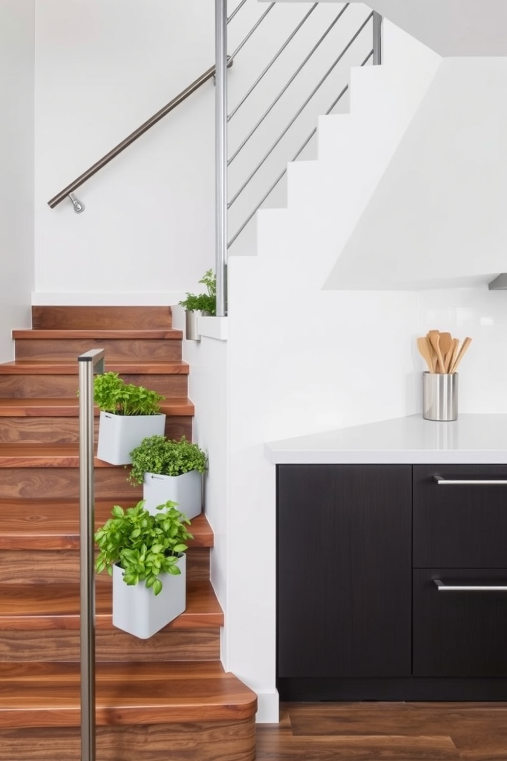 A stunning staircase seamlessly integrates a built-in herb garden along its side. The wooden steps are complemented by a sleek metal railing, while planters filled with fresh herbs add a touch of greenery and fragrance to the kitchen space. This kitchen design features a modern staircase that serves as both a functional and aesthetic element. The herb garden not only enhances the decor but also provides easy access to fresh ingredients for culinary creations.