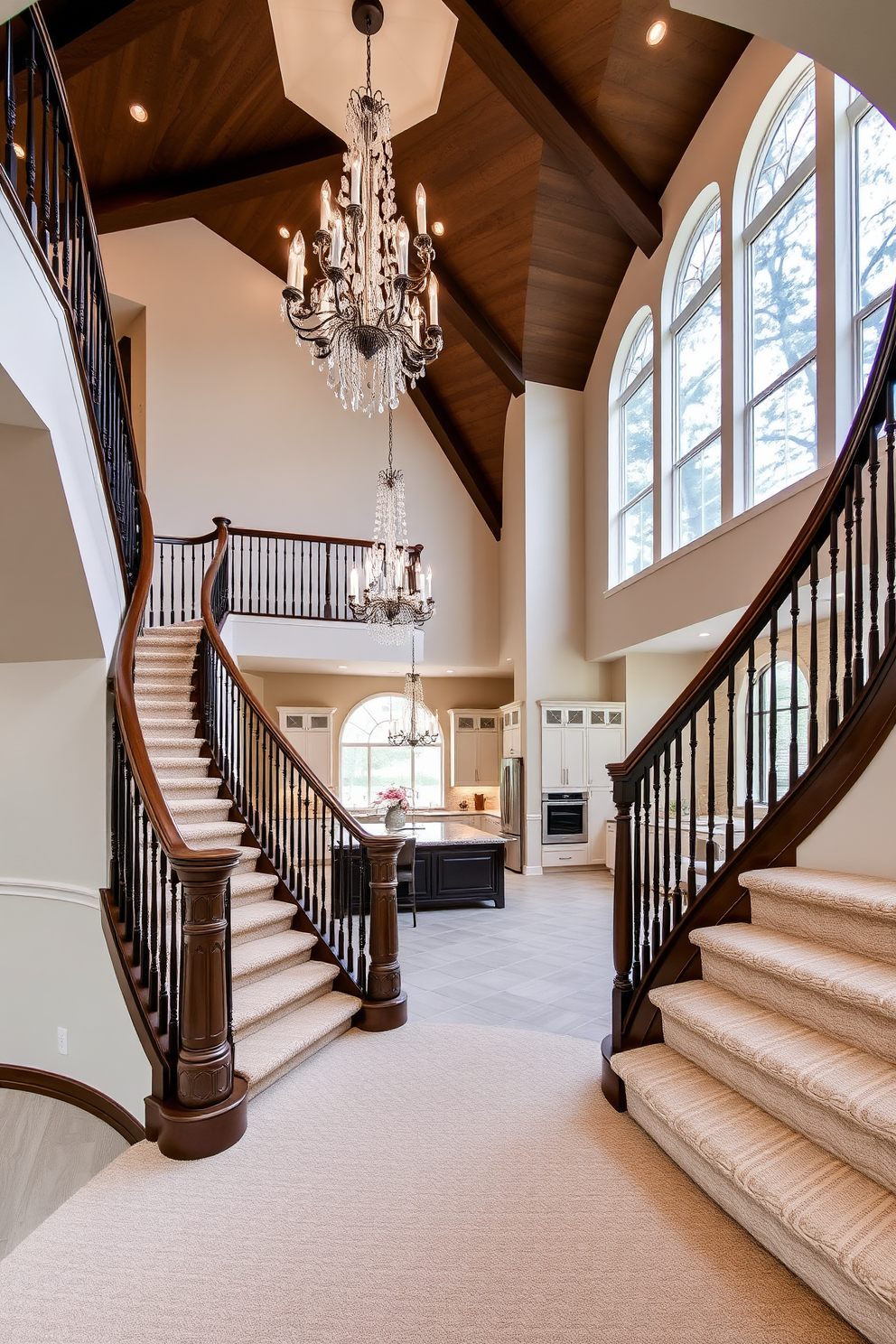 An elegant curved staircase gracefully ascends, featuring a stunning chandelier hanging above, casting a warm glow. The staircase is adorned with rich wooden railings and plush carpeting that complements the surrounding decor. In the kitchen design, the open layout showcases modern appliances and a large island with seating. Natural light floods the space through expansive windows, highlighting the sleek cabinetry and sophisticated finishes.