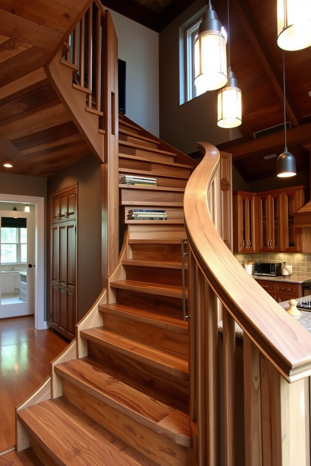 A stunning staircase with reclaimed wood features gracefully curves upwards, showcasing the natural beauty of the wood grain. The surrounding area is illuminated by warm pendant lights, creating an inviting atmosphere in the kitchen. The staircase integrates seamlessly into the kitchen design, with open risers that enhance the sense of space. The wooden handrail complements the cabinetry, tying together the rustic and modern elements of the home.