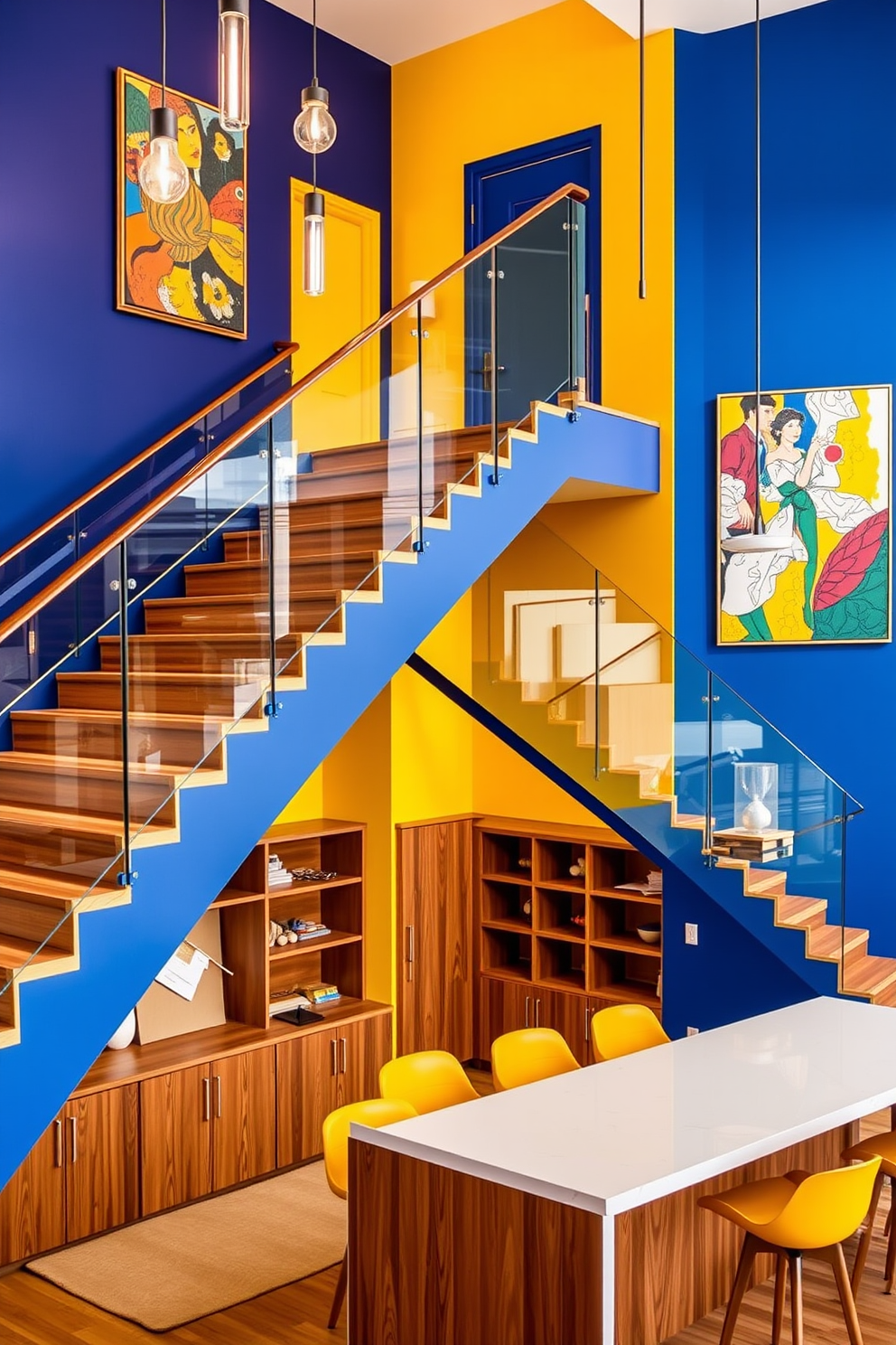 A contemporary staircase featuring bold colors with a striking combination of deep blue and vibrant yellow. The staircase has sleek glass railings and is illuminated by modern pendant lights that create a dramatic effect. The stairs are made of polished wood, contrasting beautifully with the colorful walls adorned with abstract art. In the kitchen below, the design incorporates open shelving and a large island with a waterfall countertop, enhancing the overall aesthetic.