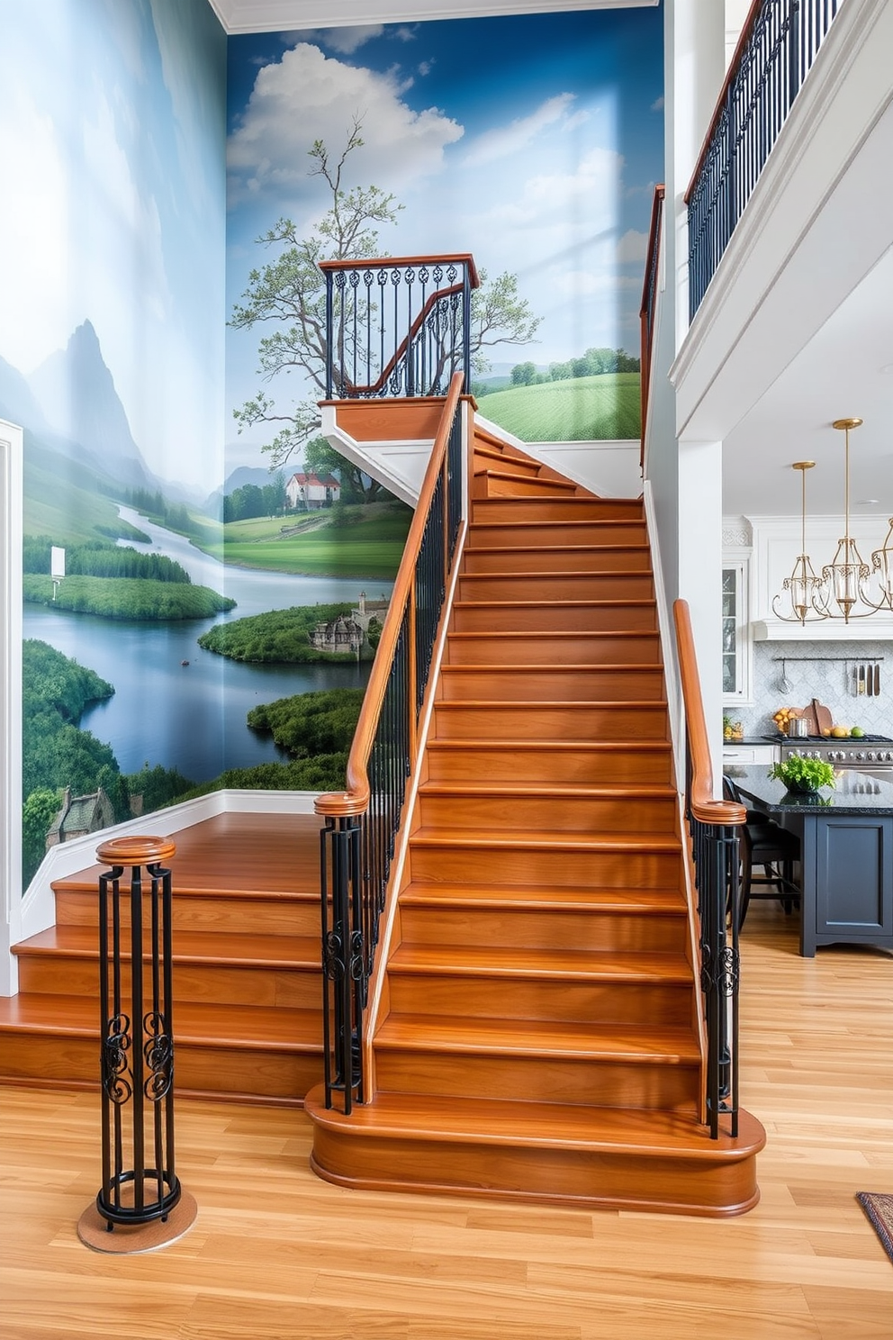 A grand staircase with a stunning mural backdrop that features a serene landscape. The stairs are made of polished wood, and the railing is intricately designed with wrought iron accents. A modern kitchen with an open staircase that seamlessly integrates with the space. The staircase is adorned with stylish wallpaper that complements the kitchen's color palette, creating a cohesive and inviting atmosphere.