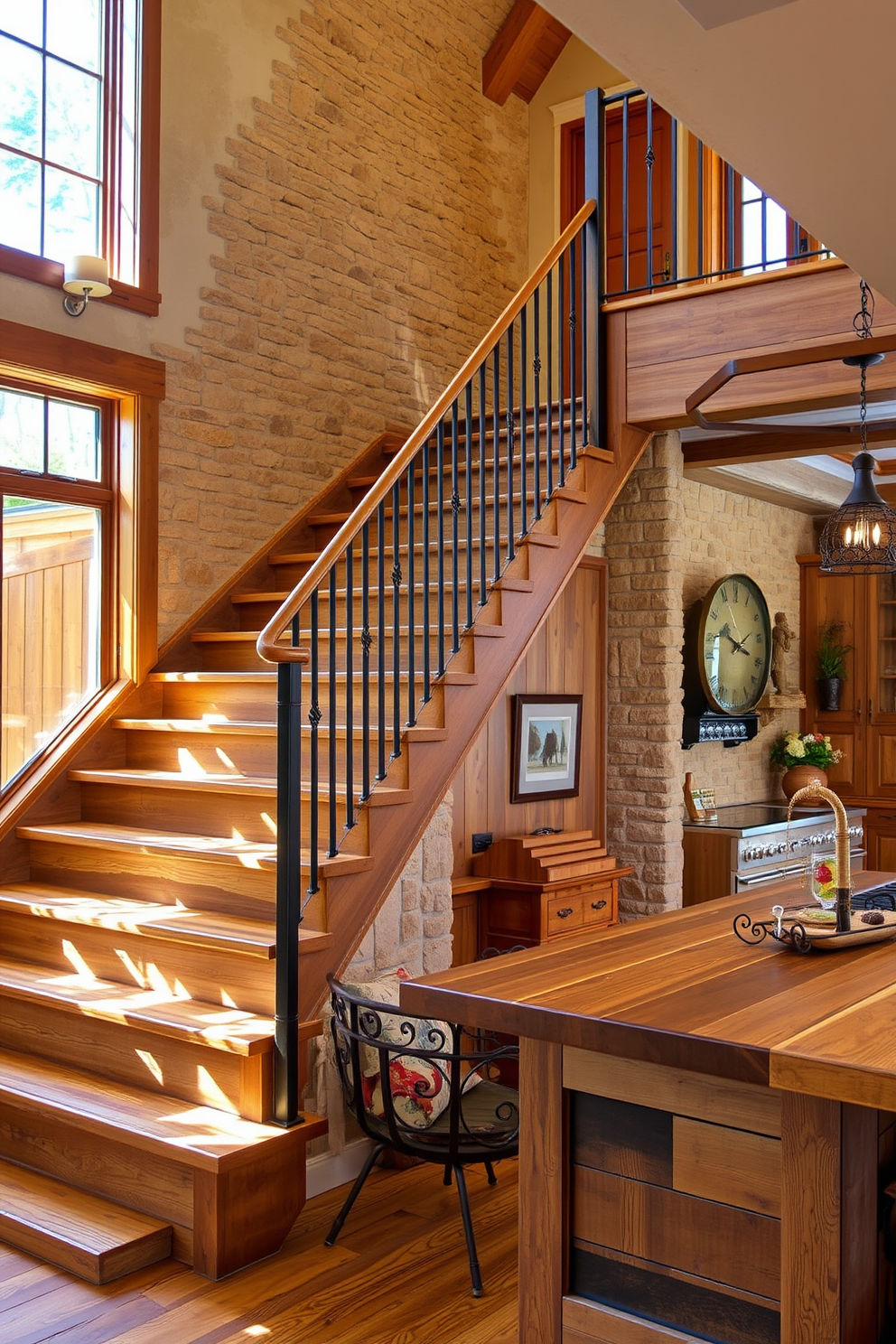 A rustic staircase with stone accents features sturdy wooden steps that blend seamlessly with the surrounding decor. The stone elements are integrated into the staircase design, creating a warm and inviting focal point in the space. The staircase is adorned with wrought iron railings that add an elegant touch to the rustic charm. Natural light floods in from nearby windows, highlighting the textures of the wood and stone. For the kitchen design ideas, envision a spacious layout that combines modern appliances with rustic elements. The kitchen island, topped with a reclaimed wood surface, serves as both a functional workspace and a gathering spot for family and friends.