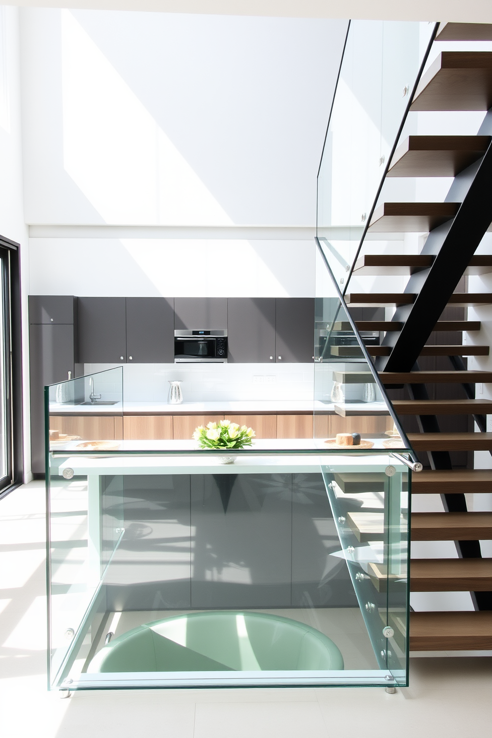 A sleek glass railing enhances the modern aesthetic of the staircase, allowing for an unobstructed view of the surrounding space. The staircase features clean lines and a minimalist design, seamlessly integrating with the overall kitchen decor. The kitchen showcases a contemporary design with an open layout, highlighted by the elegant glass railing. Natural light floods the area, creating a bright and inviting atmosphere that complements the stylish staircase.