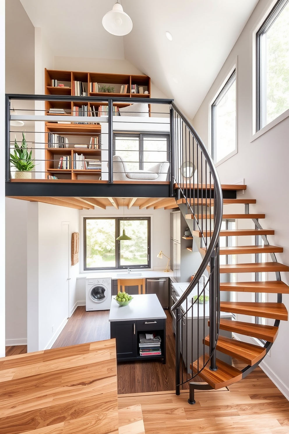 Stairs leading to a multifunctional loft space. The staircase features sleek wooden steps with a modern metal railing, creating an open and airy feel. The loft space above is designed with a cozy reading nook, complete with built-in bookshelves and a plush armchair. Large windows allow natural light to flood the area, enhancing the inviting atmosphere. Staircase in Kitchen Design Ideas. The kitchen features a stylish spiral staircase that connects to a charming dining area above. The staircase is designed with a combination of wood and metal, complementing the contemporary kitchen style. Underneath the stairs, there is a clever storage solution for kitchen essentials.