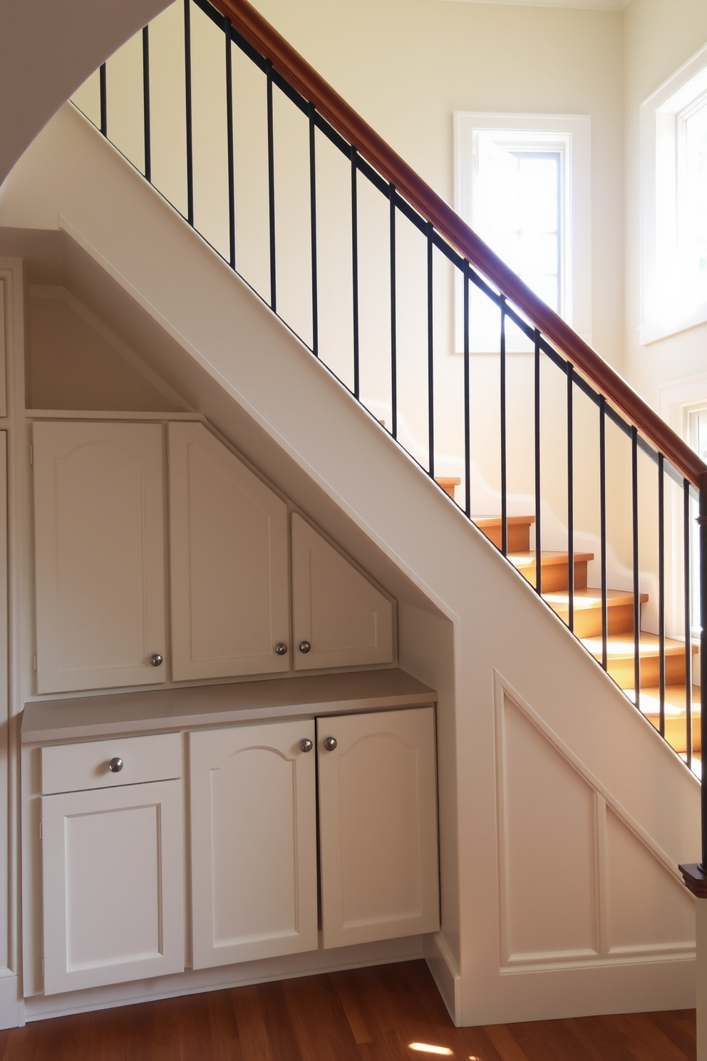 A cozy kitchen featuring built-in cabinets beneath the stairs. The cabinets are painted a soft white, providing ample storage while maintaining an open feel in the space. The staircase is designed with wooden steps and a sleek metal railing, seamlessly integrating with the kitchen decor. Natural light pours in from a nearby window, highlighting the warm tones of the cabinetry and the inviting atmosphere.