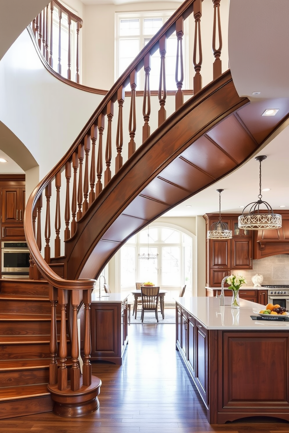 A graceful curved staircase with elegant decorative balusters sweeps upward, creating a stunning focal point in the kitchen. The staircase features a rich wooden finish that complements the surrounding cabinetry and enhances the overall warmth of the space. In the kitchen, the design incorporates an open layout with sleek countertops and modern appliances. Natural light floods the area through large windows, illuminating the stylish fixtures and inviting atmosphere.