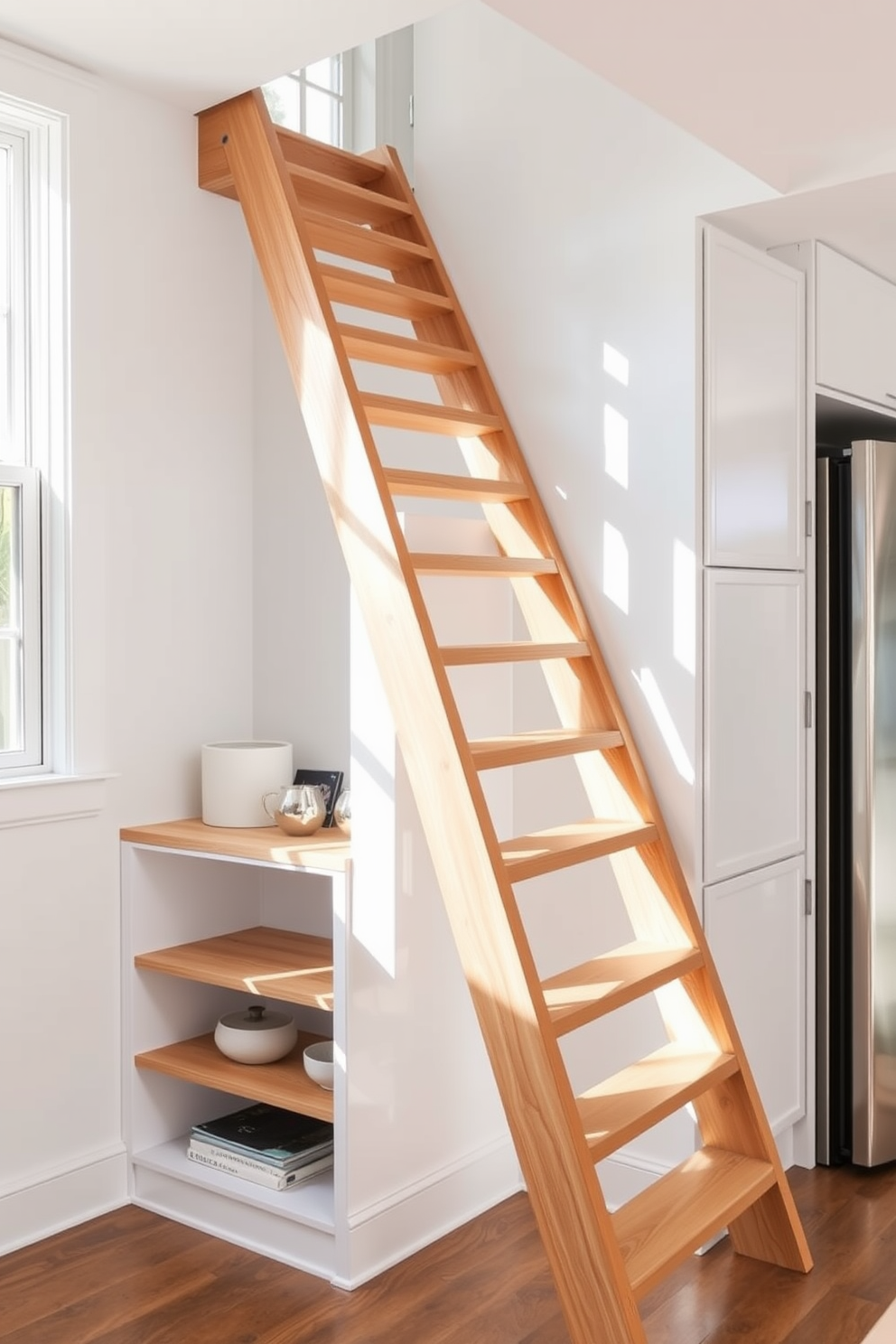 A ladder-style staircase designed for small spaces features sleek wooden steps that ascend vertically against a white wall. The staircase is illuminated by natural light from a nearby window, creating an inviting and airy atmosphere. In the kitchen design, the staircase integrates seamlessly with the cabinetry, showcasing a modern aesthetic. Open shelving is incorporated beneath the stairs, providing additional storage and display space for kitchen essentials.