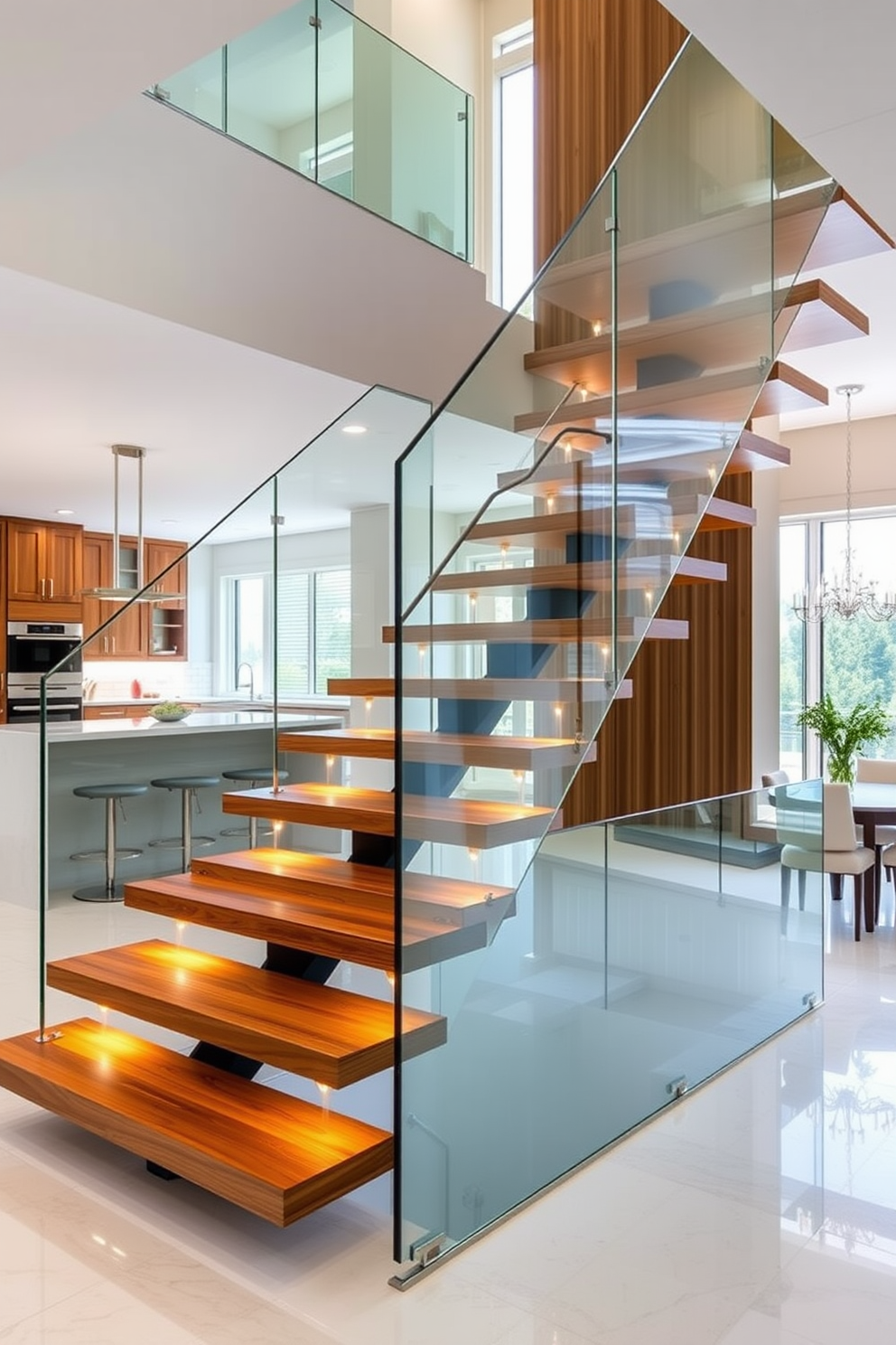 A stunning floating staircase with sleek wooden treads and modern glass railings. LED lighting accents illuminate the edges of each step, creating a warm and inviting atmosphere. The staircase is integrated into a contemporary kitchen design, featuring an open layout with high ceilings. Natural light floods the space through large windows, highlighting the elegant materials and finishes used throughout.