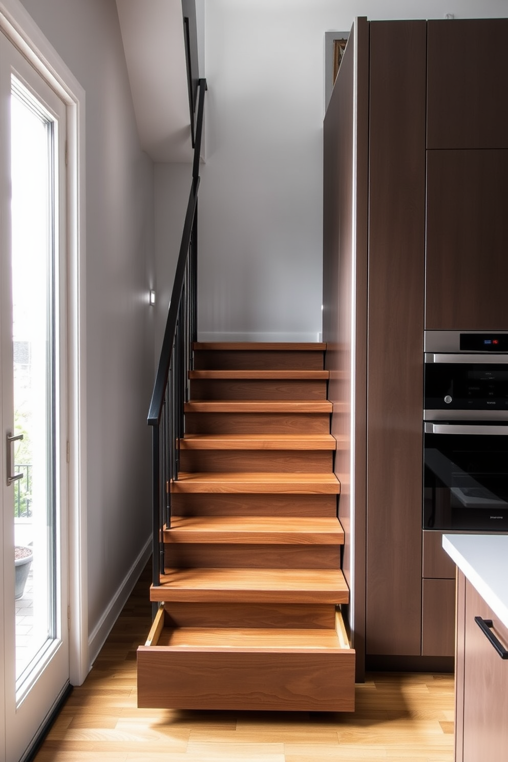 A compact staircase with hidden drawers seamlessly integrates into a modern kitchen design. The staircase features sleek wooden steps that lead to a minimalist landing, while the drawers are cleverly concealed within the risers for optimal storage. In the kitchen, the staircase is surrounded by contemporary cabinetry and a stylish backsplash. Natural light floods the space through a nearby window, highlighting the elegant finishes and functional layout.