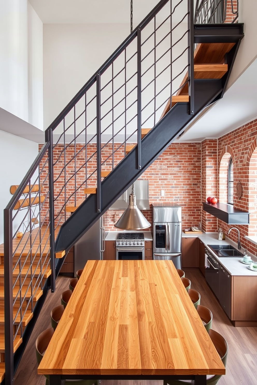 An industrial metal staircase with wood treads ascends gracefully in a contemporary kitchen. The staircase features sleek metal railings that contrast beautifully with the warm tones of the wooden treads, creating a striking focal point in the space. The kitchen below showcases a blend of modern and rustic elements. Exposed brick walls and stainless steel appliances complement the industrial aesthetic, while pendant lights hang above a large wooden island, inviting both functionality and style.