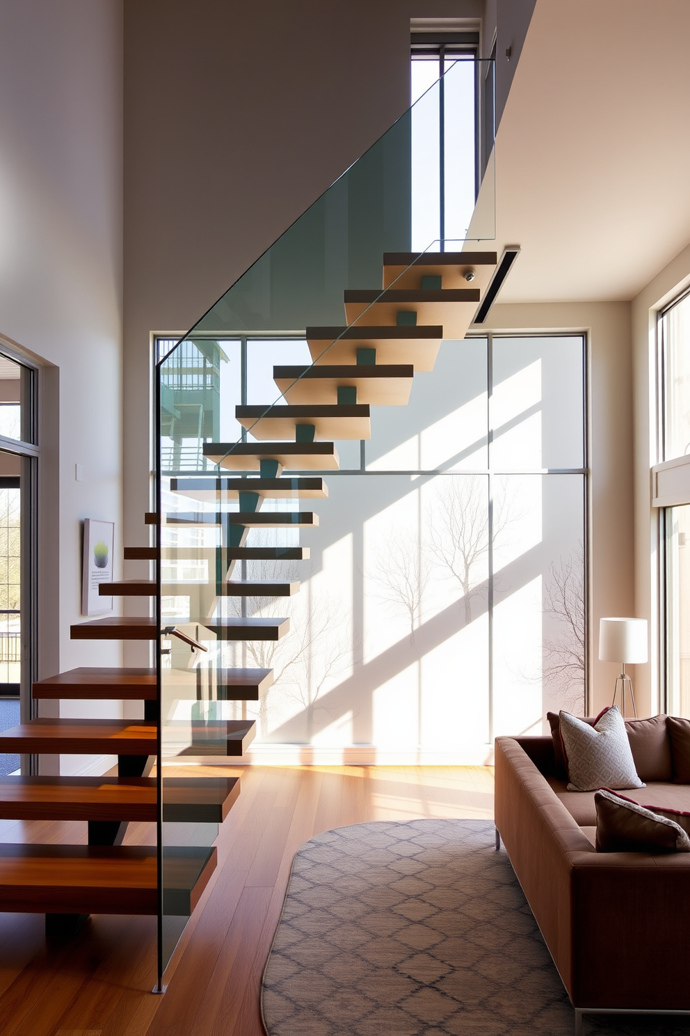 A stunning floating staircase with a sleek glass railing elegantly ascends in the living room. The staircase features warm wooden treads that contrast beautifully with the modern glass panels, creating a sense of openness and light. The living room is designed with a contemporary aesthetic, featuring a plush sectional sofa and a minimalist coffee table. Large windows allow natural light to flood the space, highlighting the staircase as a focal point of the room.