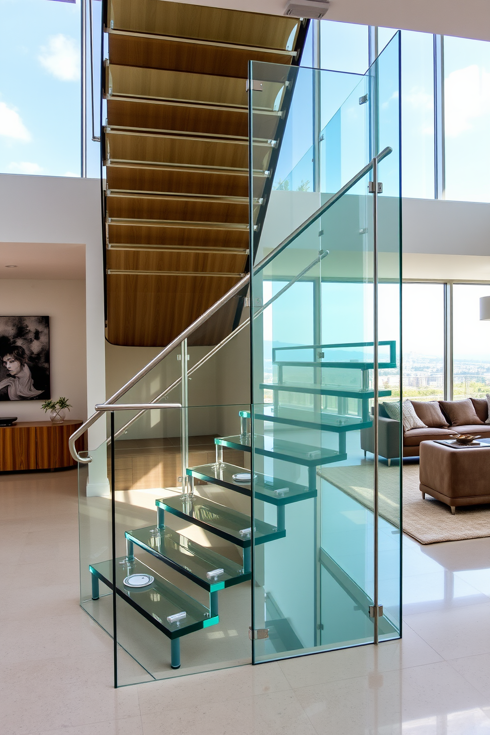 A stunning glass staircase seamlessly integrates into a modern living room, showcasing sleek lines and minimalist design. The staircase features transparent panels and polished metal railings, allowing natural light to flow through the space. The living room is adorned with contemporary furniture, including a plush sectional sofa and a stylish coffee table. Floor-to-ceiling windows frame the view, enhancing the airy atmosphere and highlighting the staircase as a focal point.