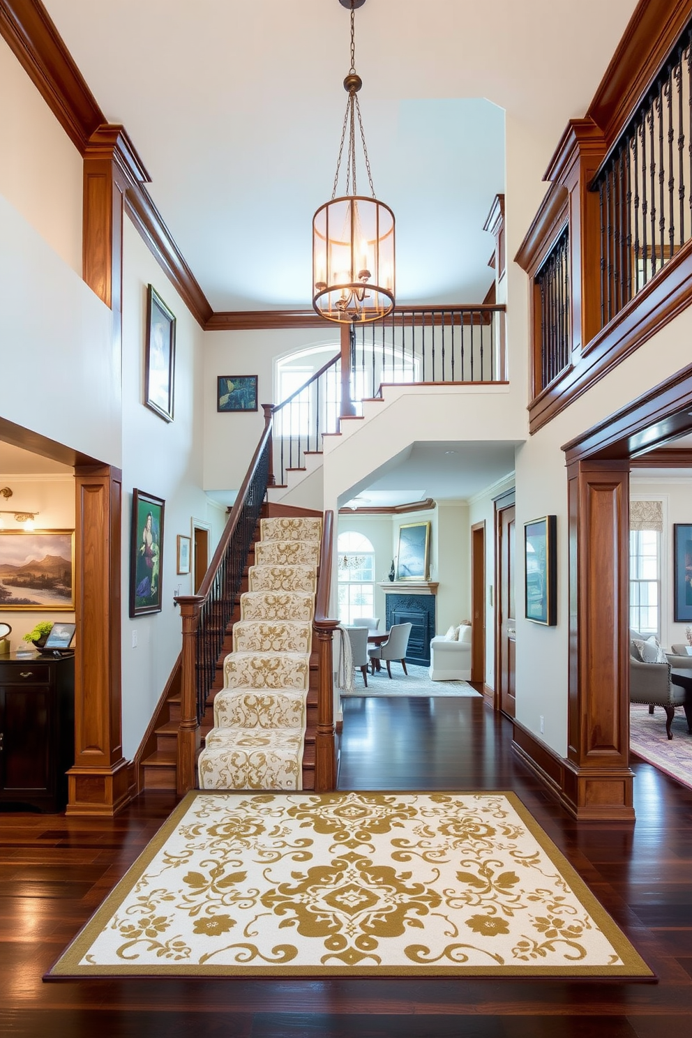 A grand staircase features a beautifully patterned runner that adds a touch of elegance and texture. The surrounding walls are adorned with tasteful artwork, and the staircase is illuminated by a stylish chandelier overhead. The living room showcases a stunning staircase that serves as a focal point in the design. Rich wood finishes complement the soft color palette of the room, creating a warm and inviting atmosphere.