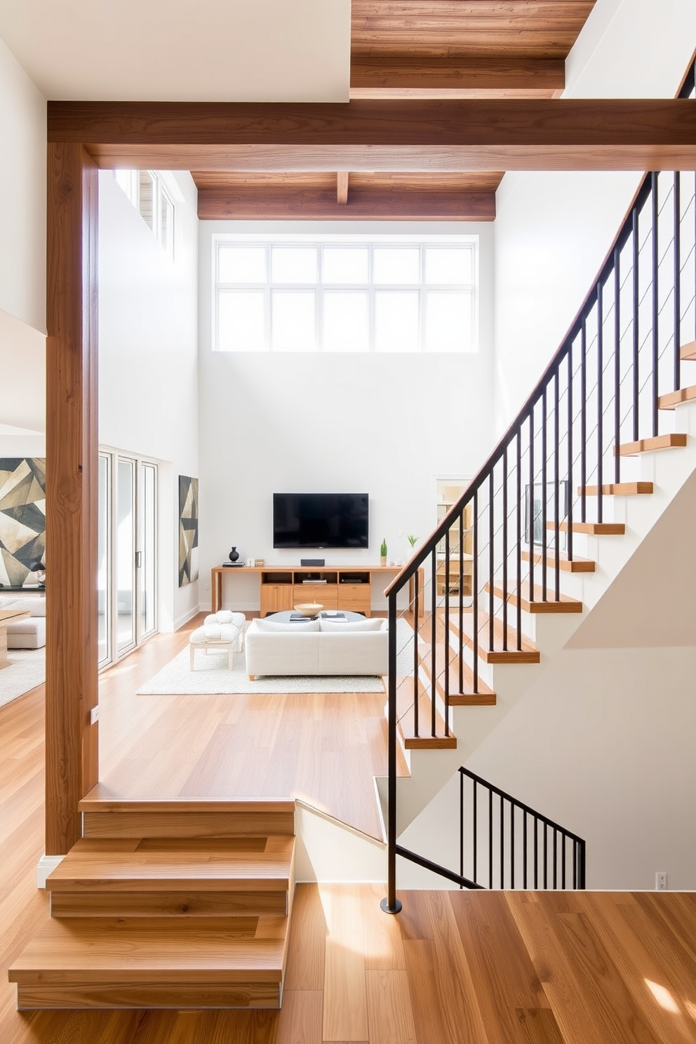 Open riser staircase creating an airy and spacious feel. The staircase features sleek wooden steps with a minimalist metal railing, seamlessly integrating into the modern living room design.