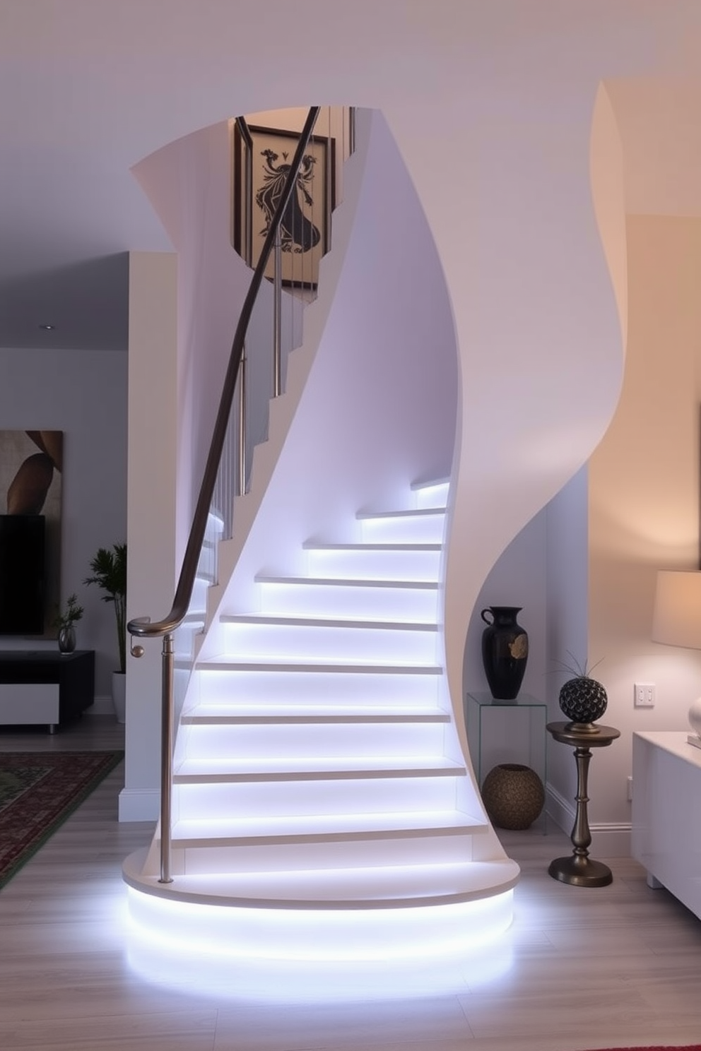 A stunning staircase with underlighting creates a dramatic focal point in the living room. The soft glow highlights the elegant curves of the staircase, enhancing the overall ambiance of the space. Incorporate a sleek modern railing that complements the staircase design. Surround the staircase with carefully chosen artwork and decor to elevate the living room's aesthetic.