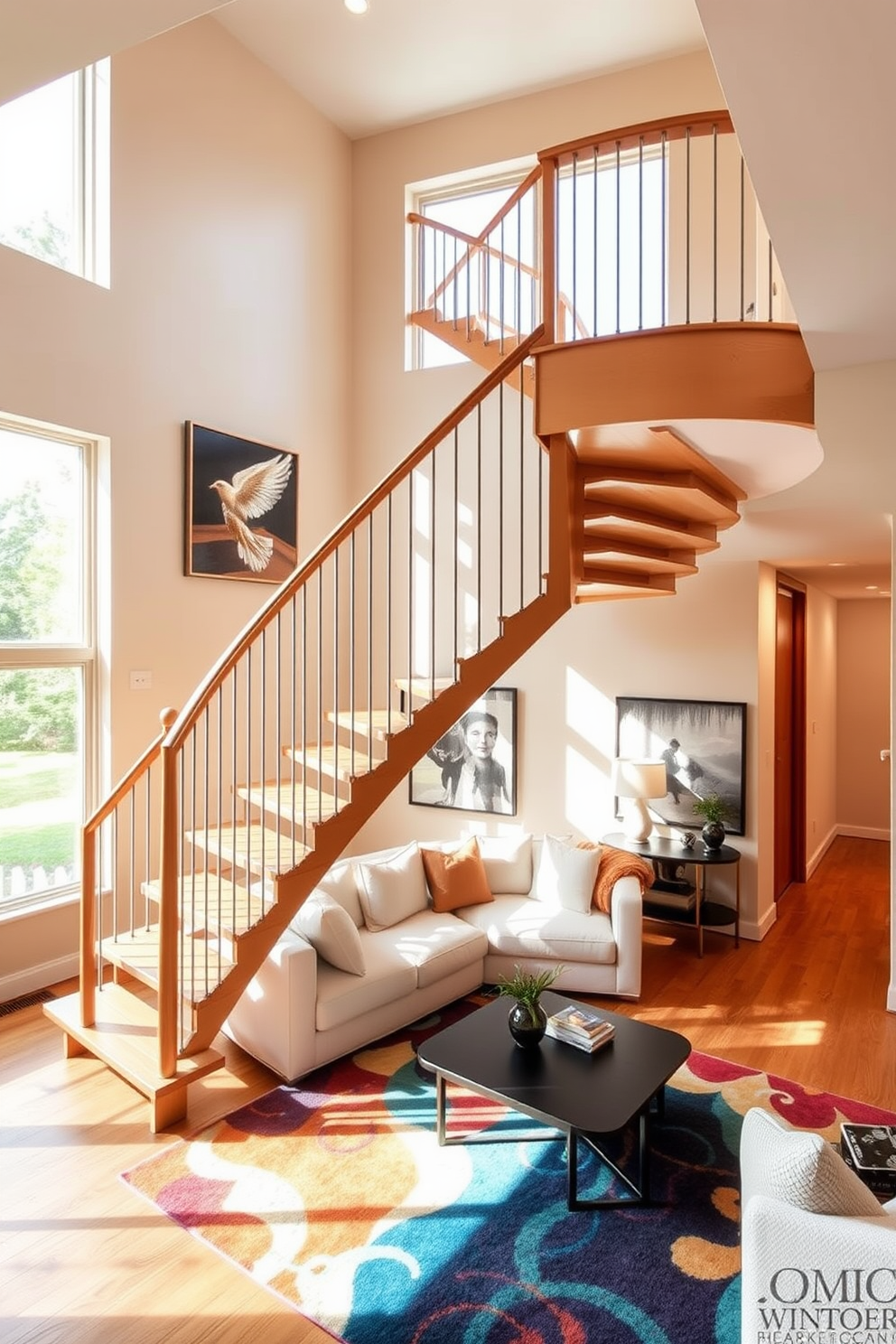 An elegant L-shaped staircase gracefully winds through the living room, designed to optimize space while enhancing the overall aesthetic. The staircase features a sleek wooden railing and is illuminated by natural light streaming through large windows, creating a warm and inviting atmosphere. The living room is adorned with contemporary furnishings that complement the staircase's design, including a plush sofa and a stylish coffee table. A vibrant area rug anchors the seating area, adding texture and color to the space while emphasizing the staircase as a focal point.