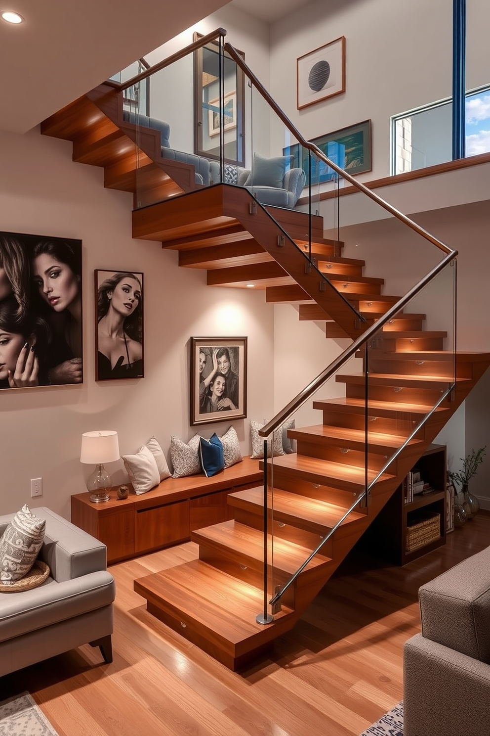 A stunning multi-level staircase serves as a focal point in the living room, featuring elegant wood treads and a sleek glass railing. Integrated seating is seamlessly incorporated along the staircase, creating a cozy nook for relaxation and conversation. The walls surrounding the staircase are adorned with contemporary art pieces, enhancing the modern aesthetic of the space. Soft ambient lighting highlights the staircase, casting a warm glow that invites guests to explore the layered design.