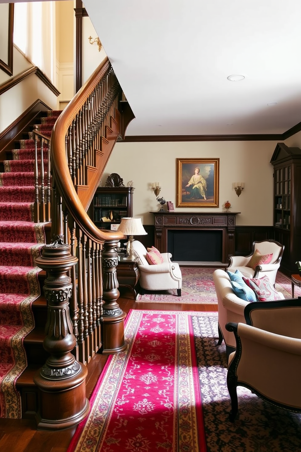 A vintage staircase with intricate details is the focal point of the living room. The staircase features ornate wooden balusters and a polished handrail, complemented by a rich carpet runner that adds warmth to the space. The living room showcases a blend of classic and modern elements. Elegant furnishings are arranged around the staircase, with a plush sofa and vintage armchairs that invite conversation and comfort.