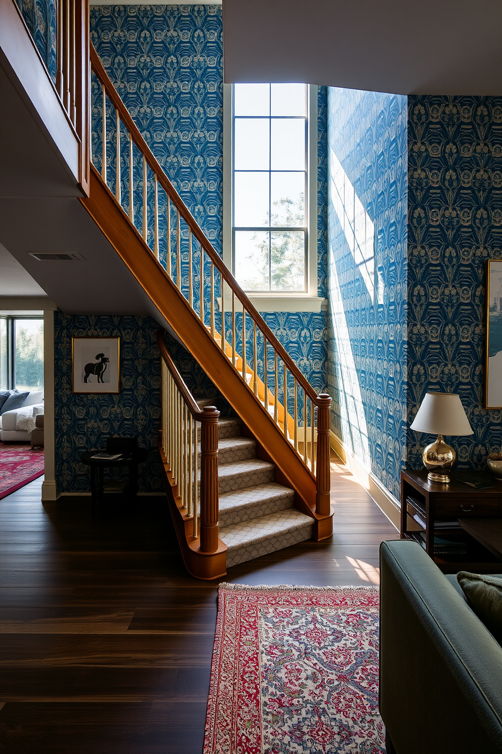 A stunning staircase with bold wallpaper that creates a striking visual impact. The wallpaper features a vibrant geometric pattern that contrasts beautifully with the sleek wooden banister. The staircase is illuminated by natural light streaming through a large window, highlighting the intricate details of the design. Below, a stylish runner adds warmth and texture, complementing the overall aesthetic of the living room.