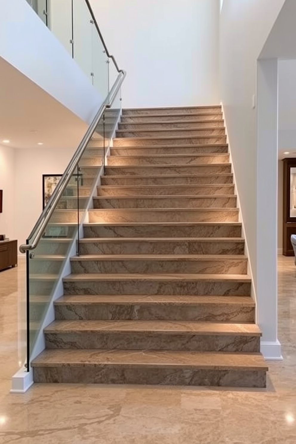 A stunning staircase featuring natural stone exudes elegance and sophistication. The steps are crafted from smooth, polished granite, while the risers are adorned with intricate marble patterns. The staircase is framed by a sleek glass railing that enhances the open feel of the living room. Soft, ambient lighting illuminates the space, highlighting the beauty of the natural stone and creating a warm atmosphere.