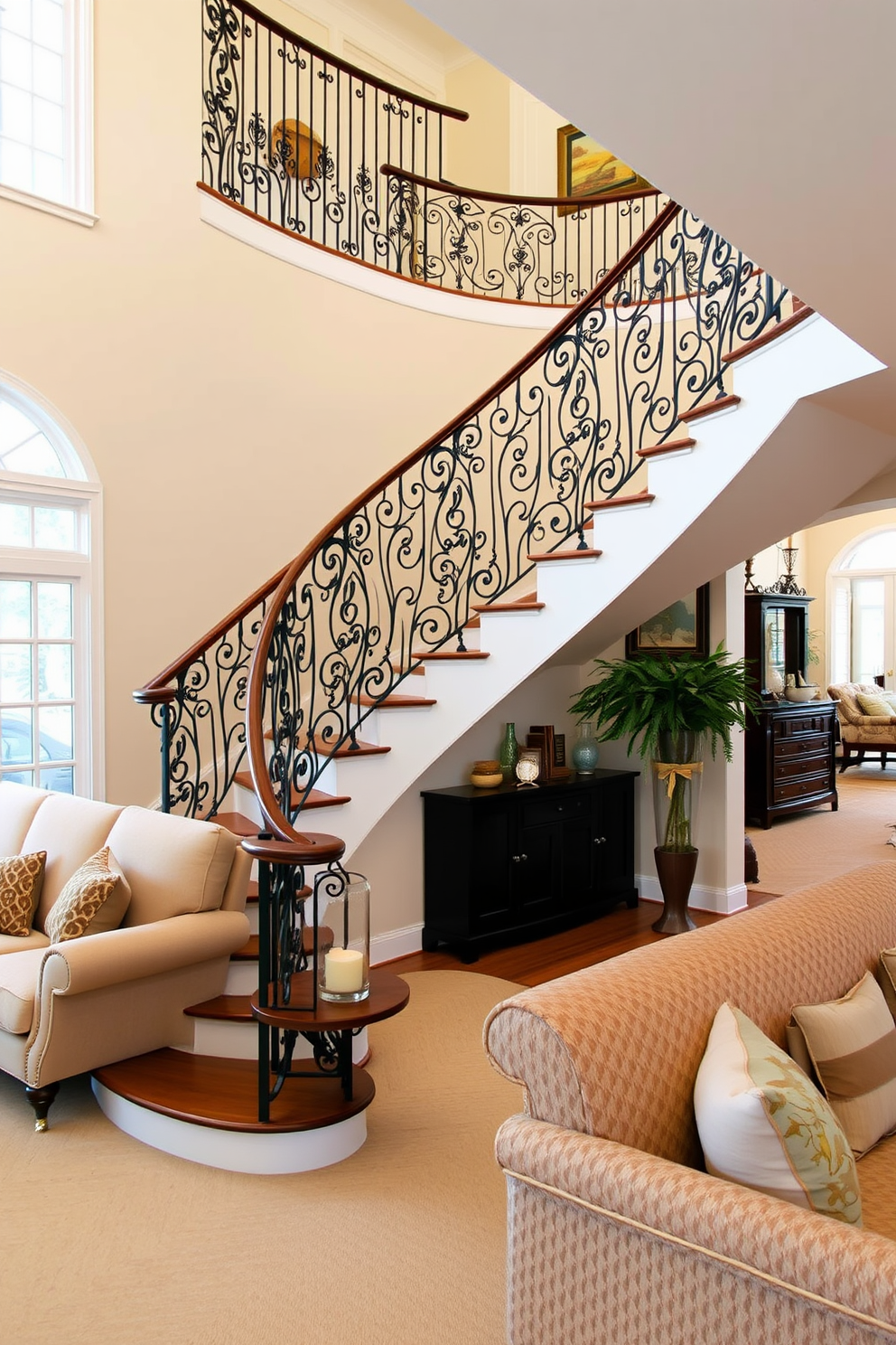 A stunning living room features a wrought iron staircase railing that adds classic charm to the space. The staircase curves gracefully, with intricate designs that complement the elegant furnishings and decor throughout the room.