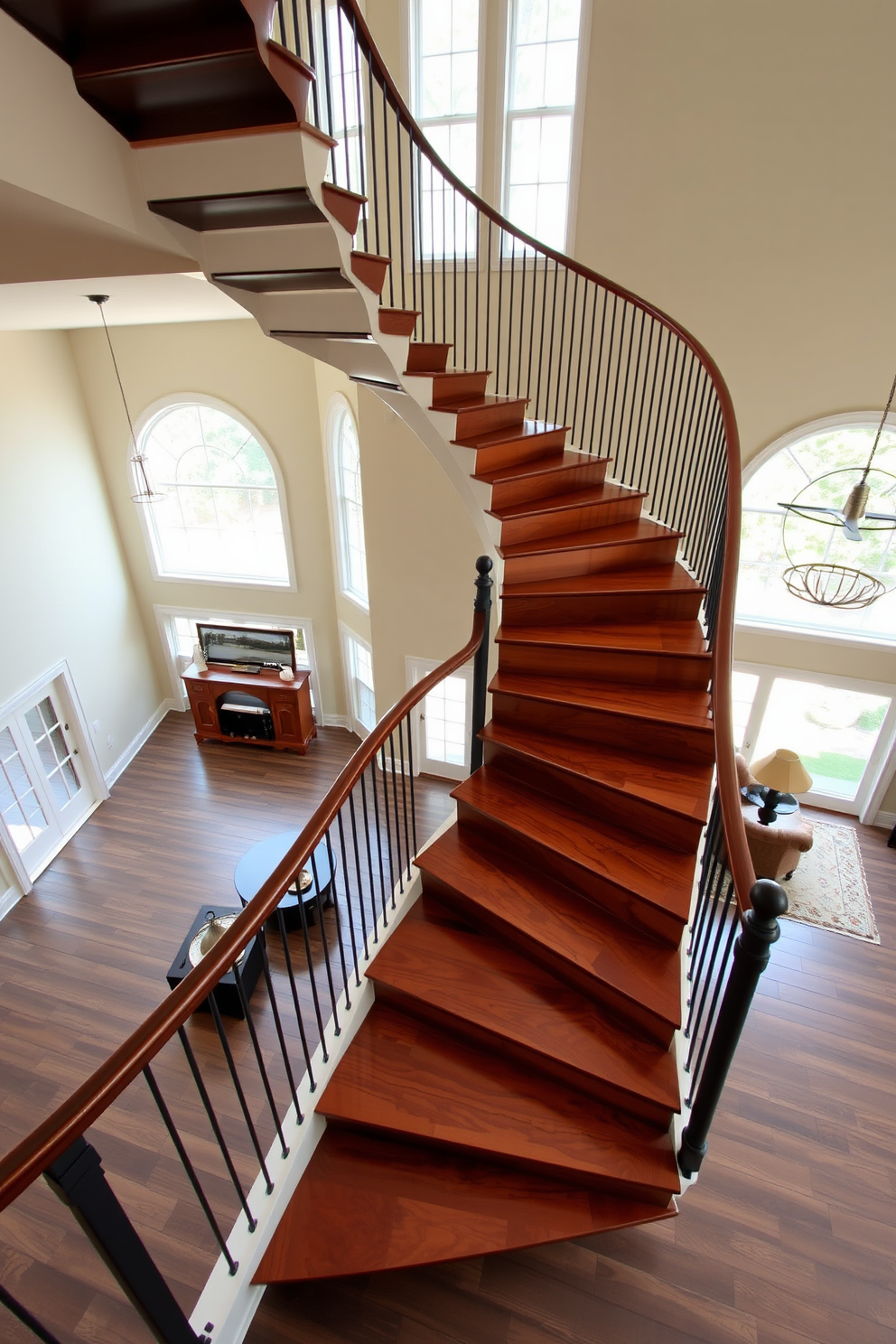 A stunning spiral staircase with rich wooden steps gracefully ascends to the upper level. The staircase is framed by elegant metal railings, adding a modern touch to the traditional design. The living room features a spacious layout with high ceilings that enhance the staircase's grandeur. Large windows allow natural light to flood the space, highlighting the warm tones of the wooden steps.