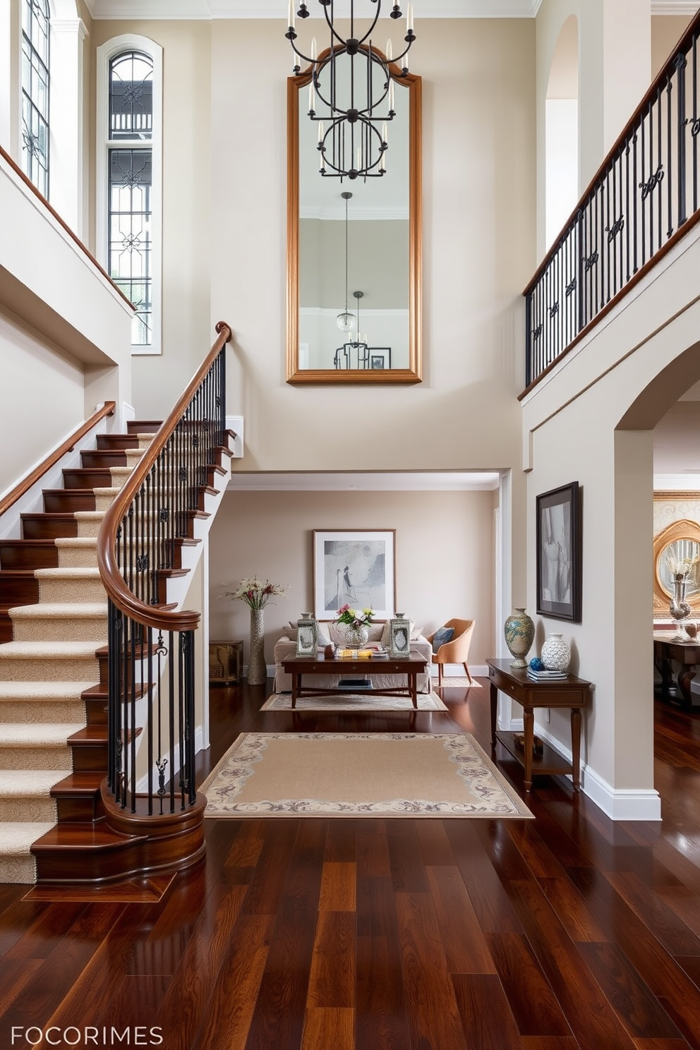 A grand staircase with a wide landing designed for decor display. The staircase features elegant wooden steps and a wrought iron railing, with a soft runner leading up to the landing. The landing is adorned with a stylish console table and a large statement mirror above it. Surrounding the landing are carefully placed decorative elements such as vases and artwork that enhance the living room's aesthetic.