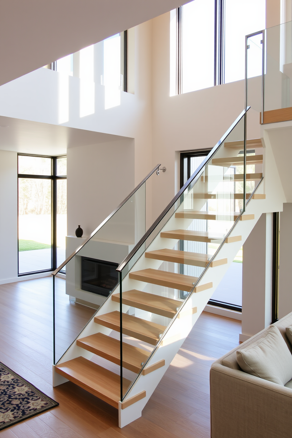 A minimalist staircase with sleek lines and finishes elegantly ascends in the living room. The staircase features a glass railing that enhances the open feel of the space, complemented by light wood treads and a neutral color palette. Incorporated into the living room design, the staircase serves as a focal point. Large windows allow natural light to flood the area, highlighting the simplicity and sophistication of the design.