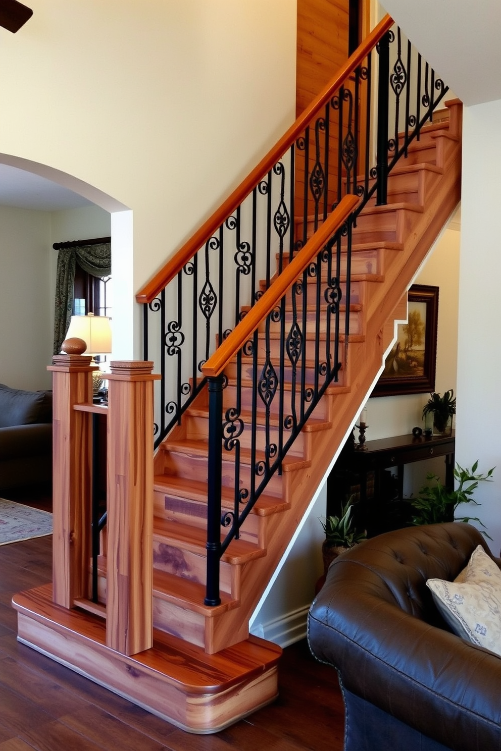 A staircase with reclaimed wood creates a warm and inviting focal point in the living room. The natural texture and rich tones of the wood enhance the rustic charm of the space. Incorporate a wrought iron railing that complements the wood for added elegance. Surround the staircase with soft lighting to highlight its features and create a cozy atmosphere.