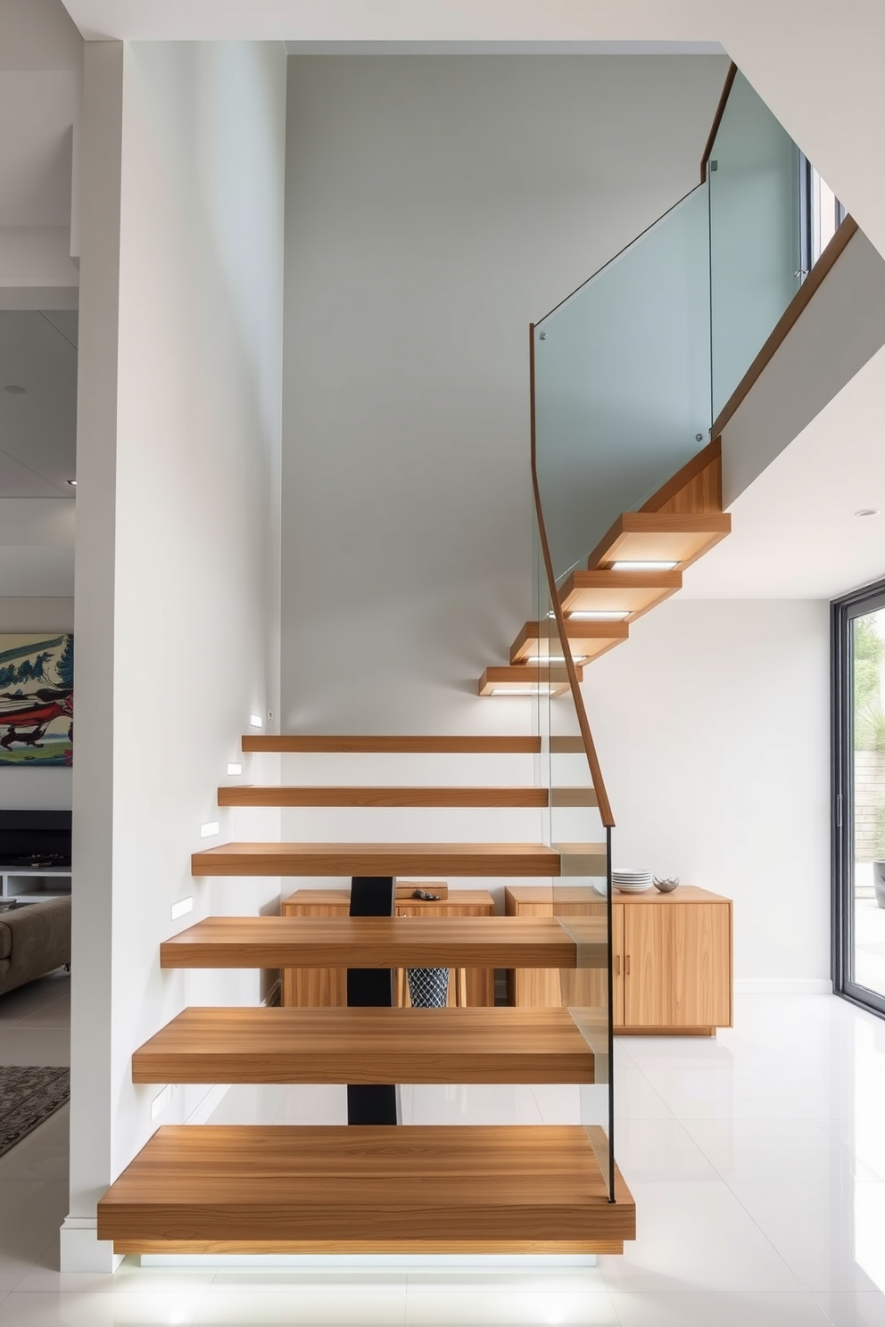 A modern living room featuring a striking staircase with floating steps illuminated by subtle LED lighting accents. The staircase is designed with sleek wood and glass elements, creating an airy and open feel in the space.