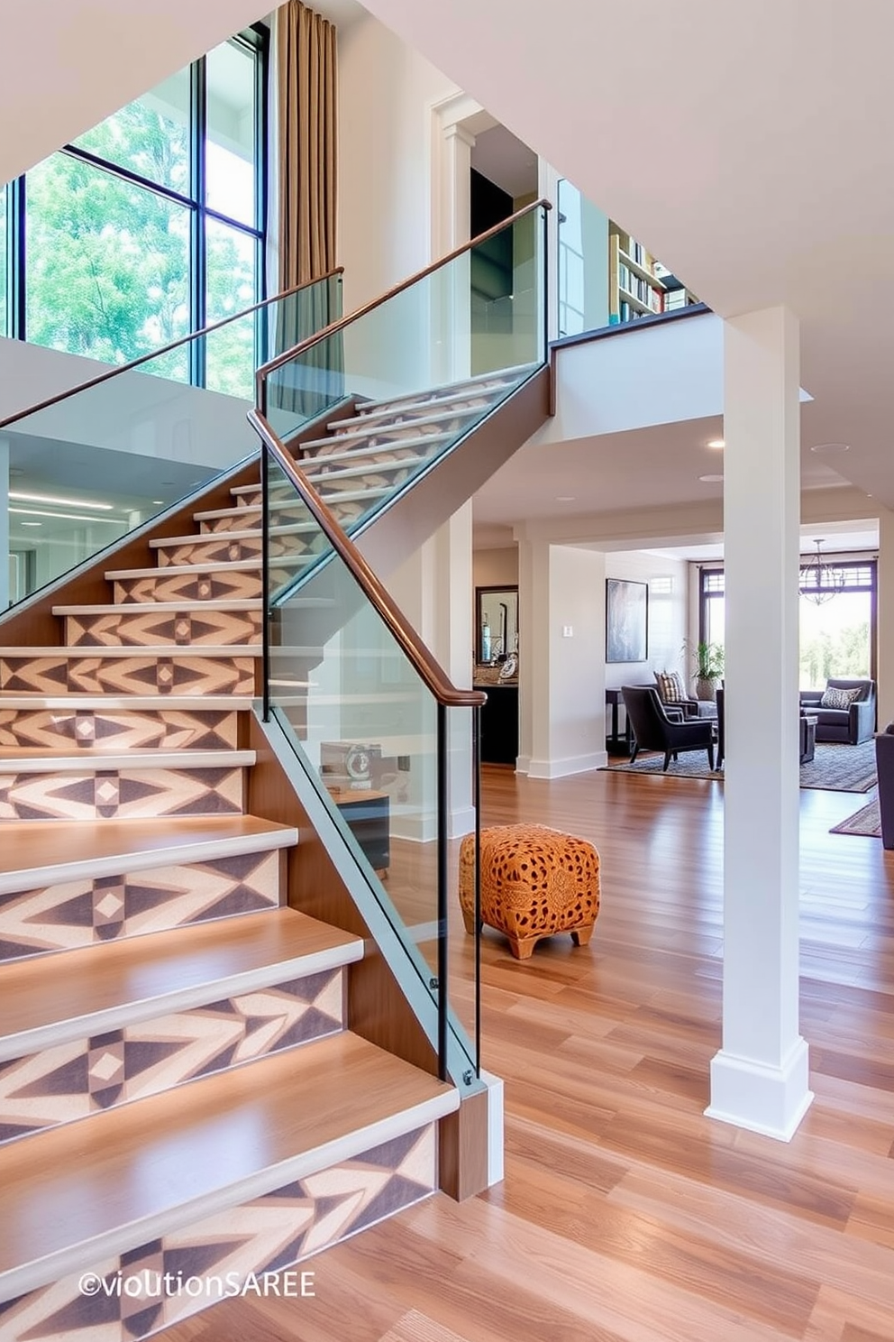 Staircase with geometric patterns for modern flair. The staircase features a sleek design with bold geometric patterns on the risers, creating a striking visual impact. Staircase in Living Room Design Ideas. The living room showcases a stunning staircase that seamlessly blends with the modern decor, featuring a glass railing that enhances the open feel of the space.