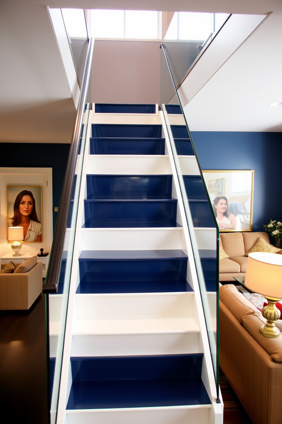 A striking staircase with a bold color palette serves as a focal point in the living room. The steps alternate between deep navy blue and crisp white, creating a dramatic visual impact. The staircase features a sleek glass railing that allows light to flow through the space. Surrounding the staircase, the living room is adorned with contemporary furnishings and warm lighting to enhance the inviting atmosphere.